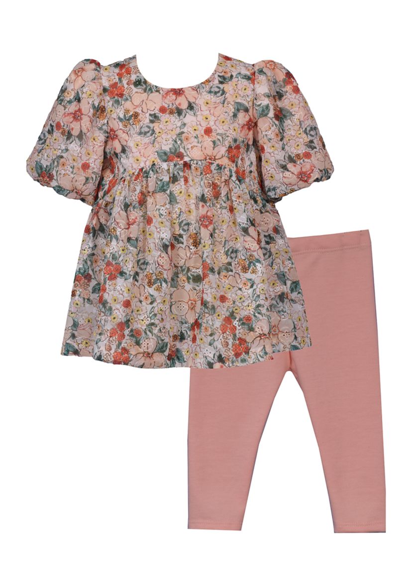 Baby Girls Floral Printed Eyelet Top and Leggings Set