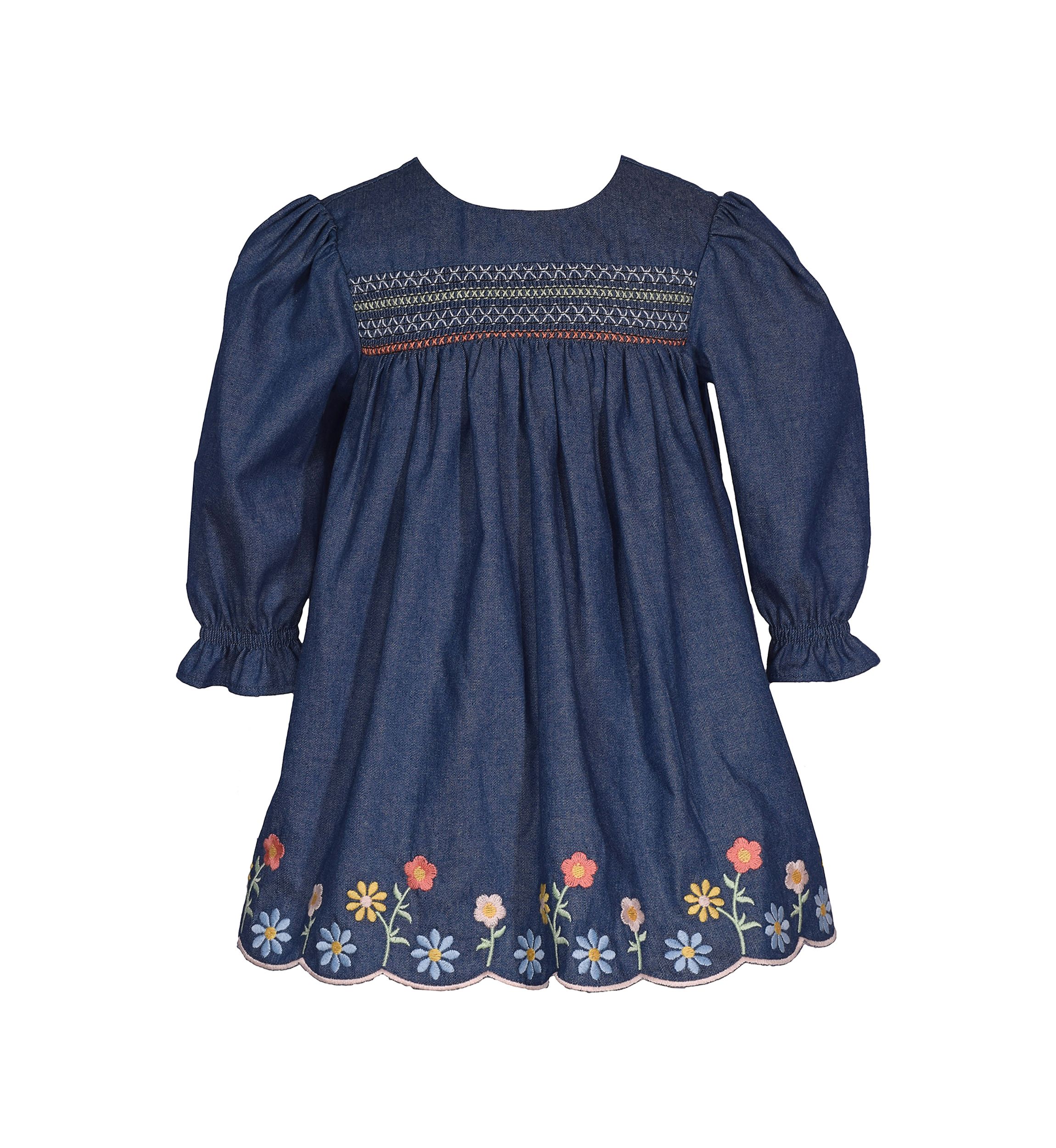 Baby Girls Scalloped Hem Floral Embroidered Denim Dress