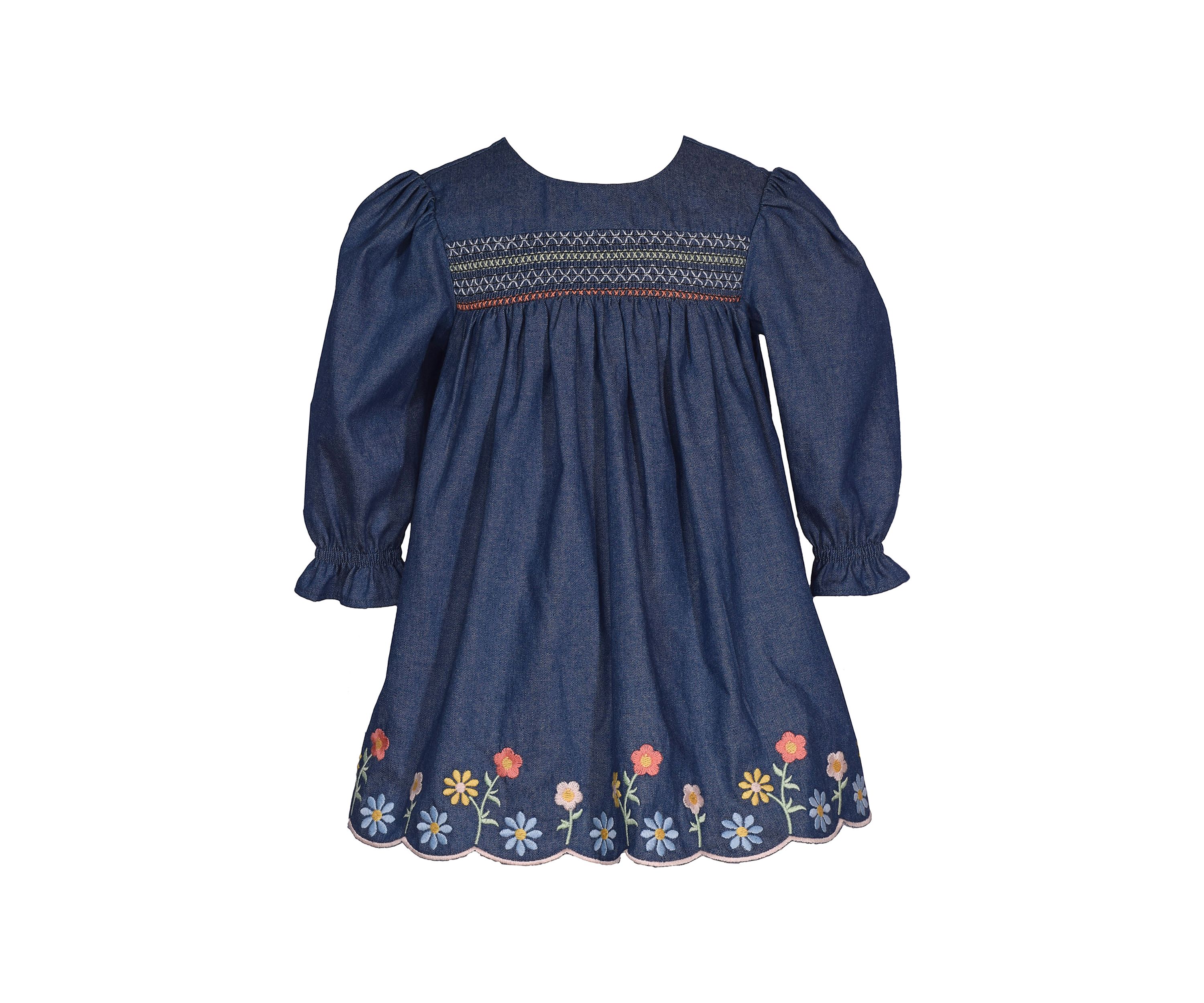 Baby Girls Scalloped Hem Floral Embroidered Denim Dress