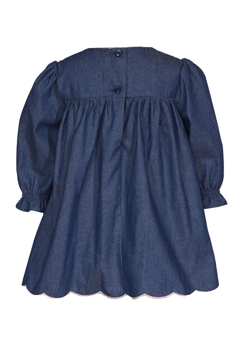 Baby Girls Scalloped Hem Floral Embroidered Denim Dress