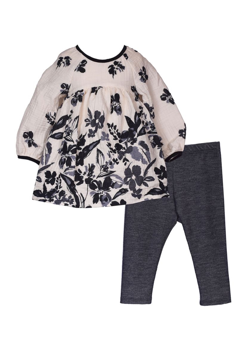 Baby Girls Floral Printed Gauze Knit Top and Leggings Set 