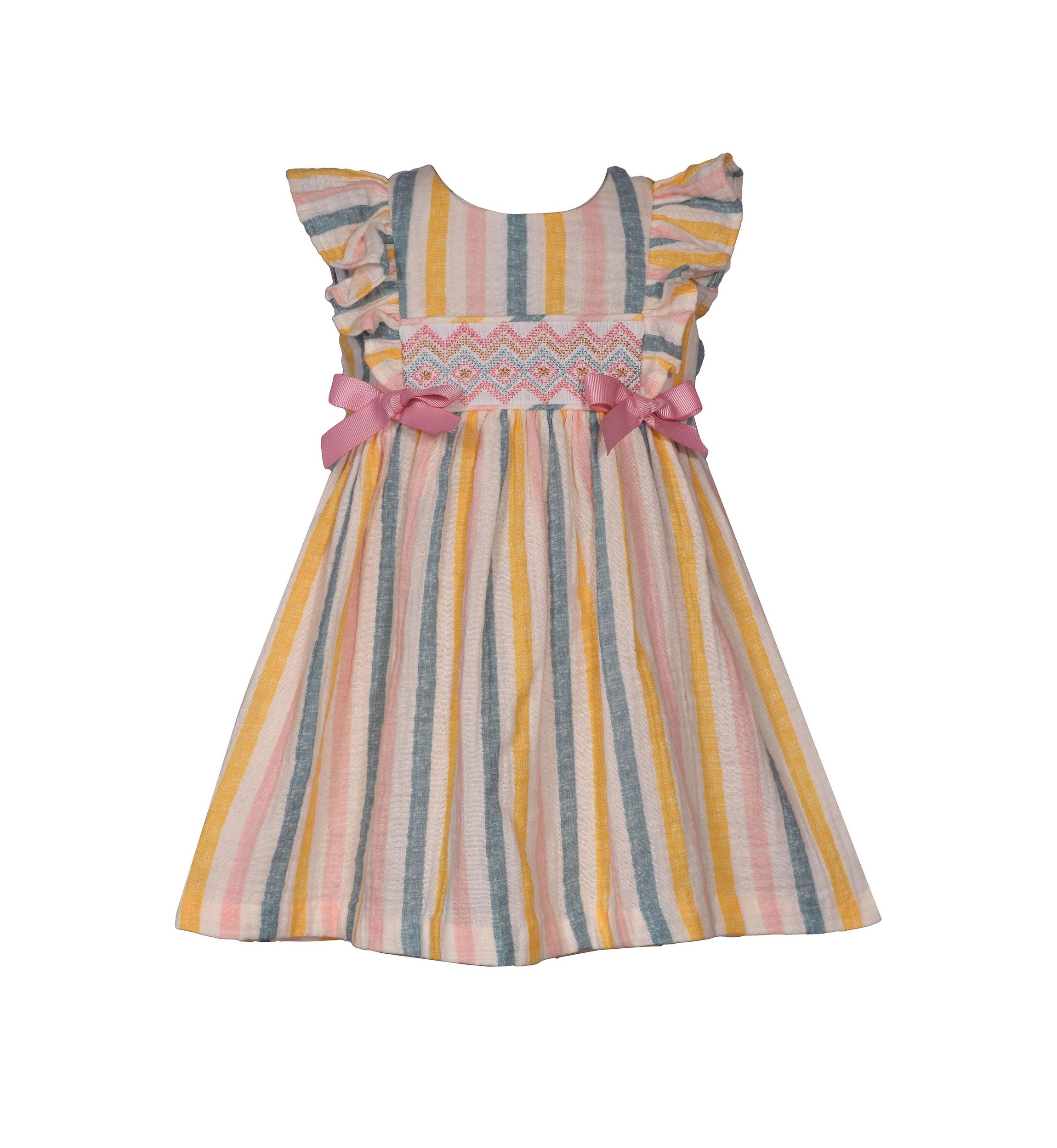 Baby Girls Flutter Sleeve Stripe Smocked Dress