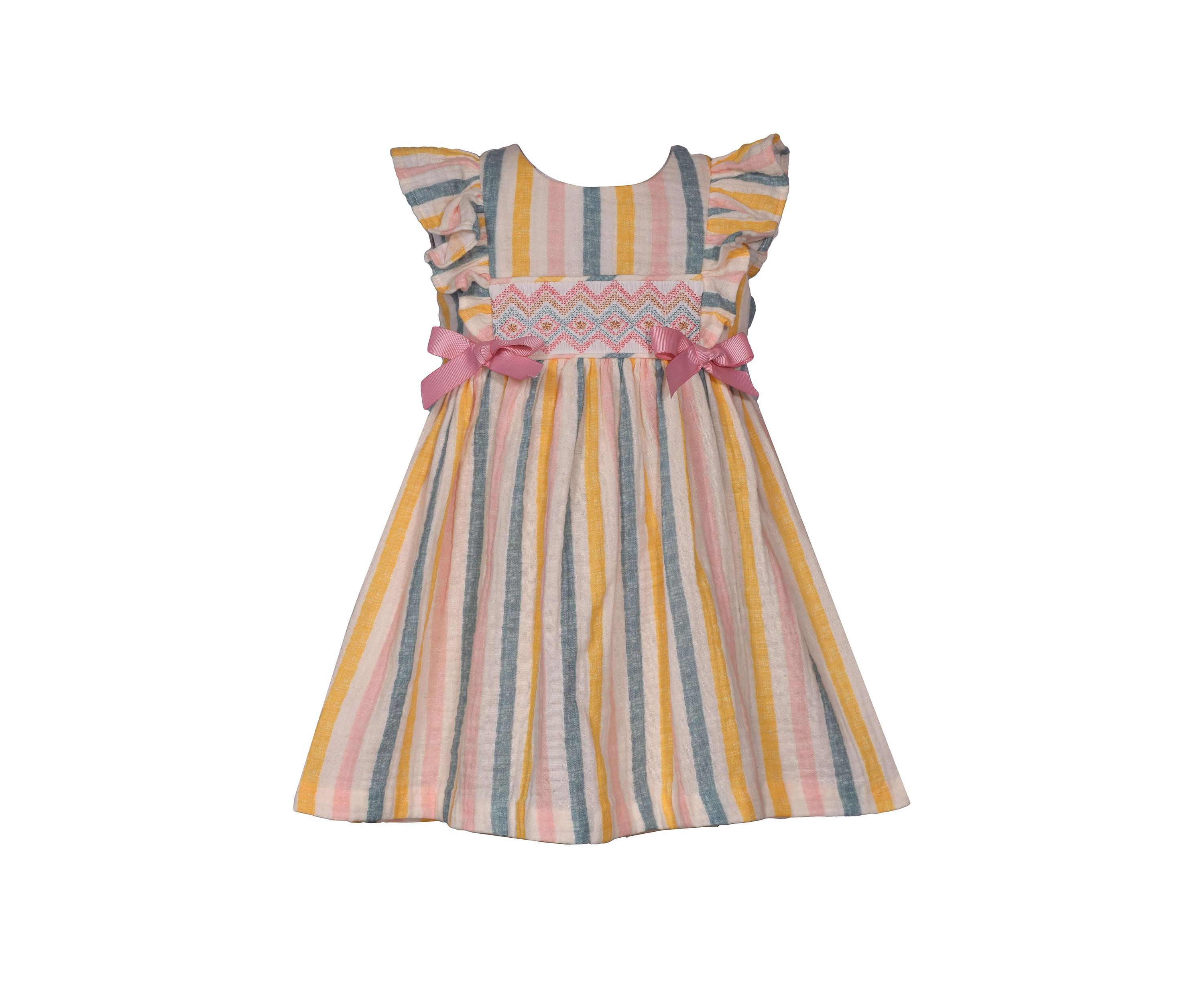 Baby Girls Flutter Sleeve Stripe Smocked Dress