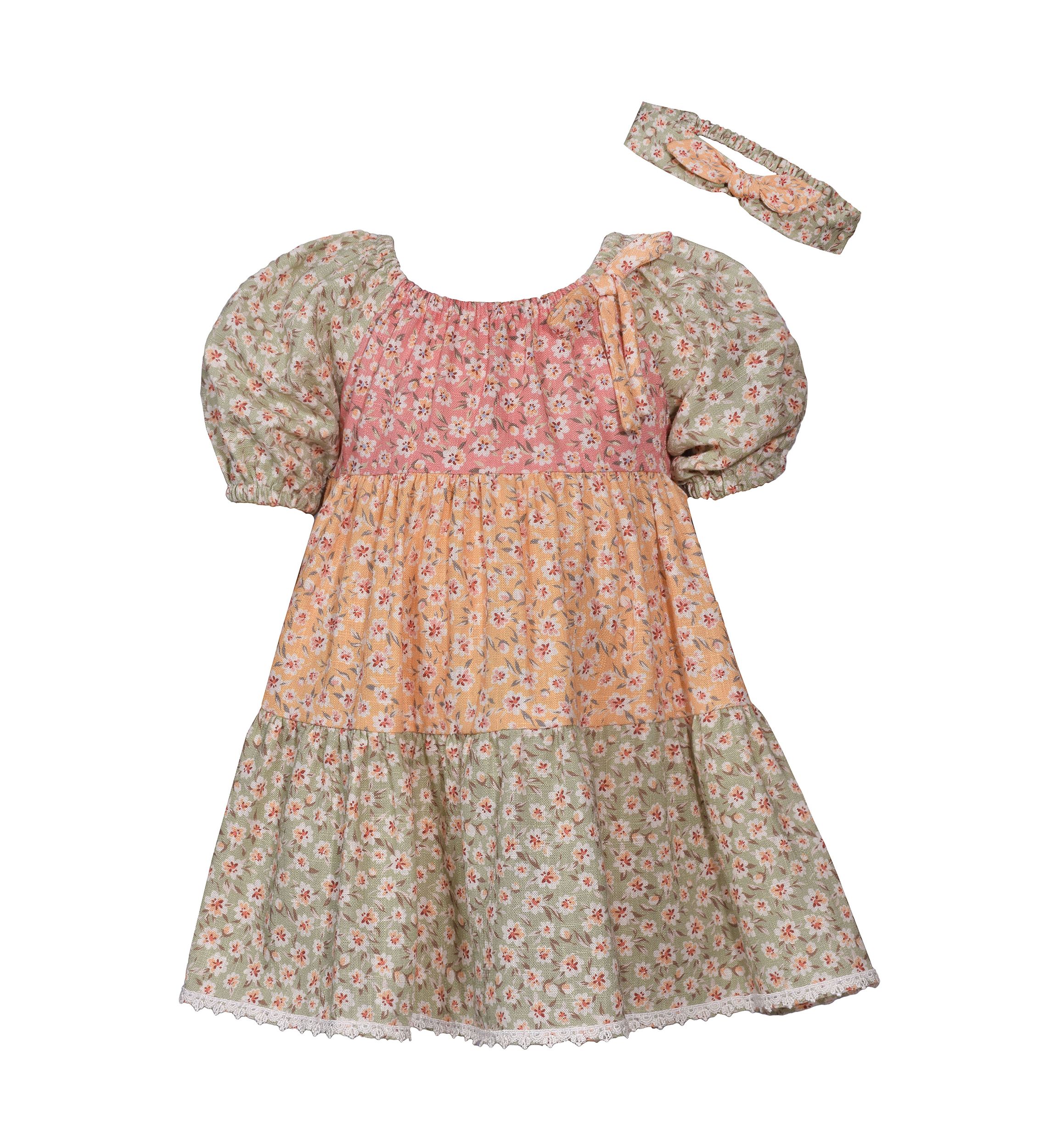 Baby Girls Puff Sleeve Tripe Tier Dress