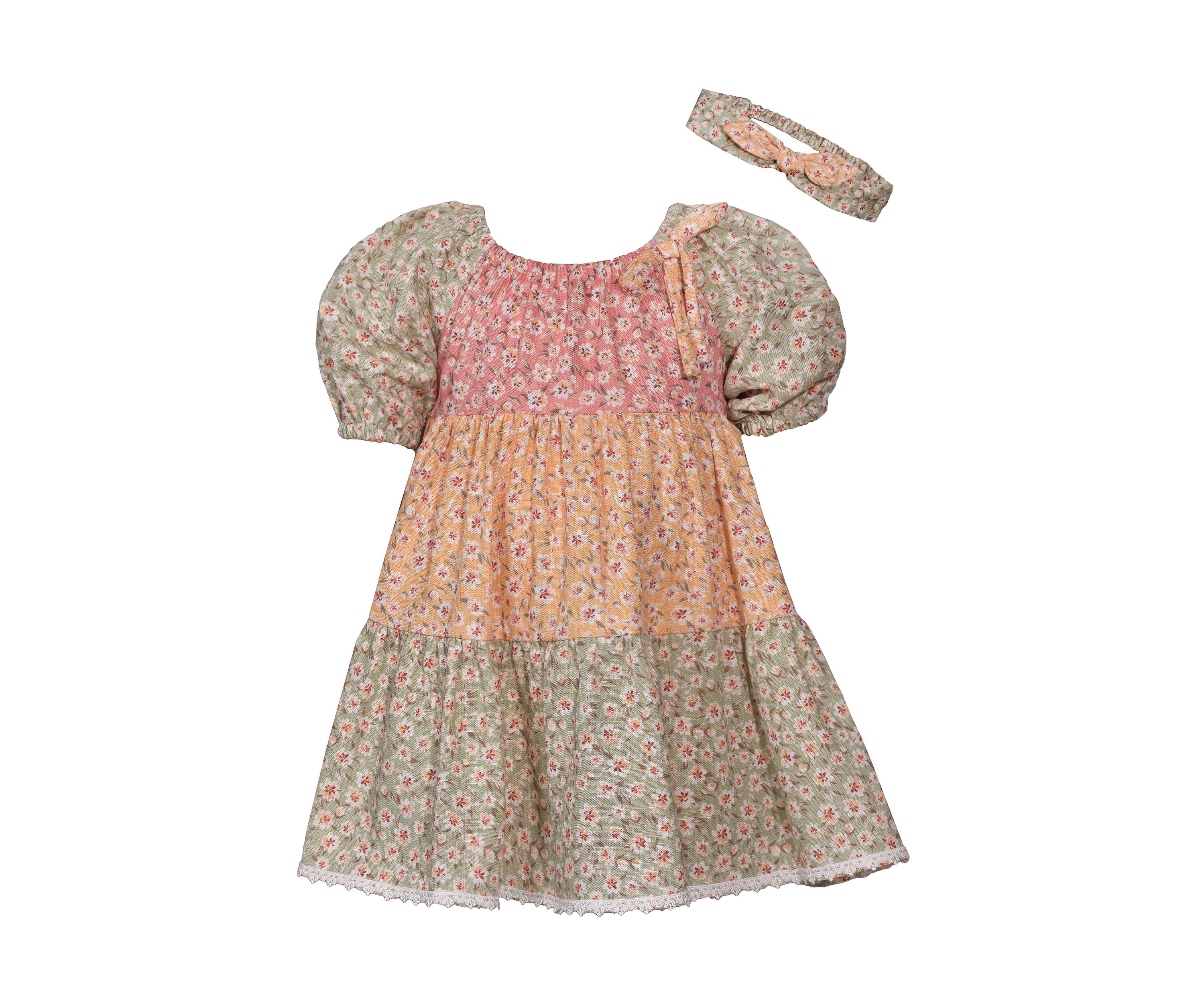 Baby Girls Puff Sleeve Tripe Tier Dress