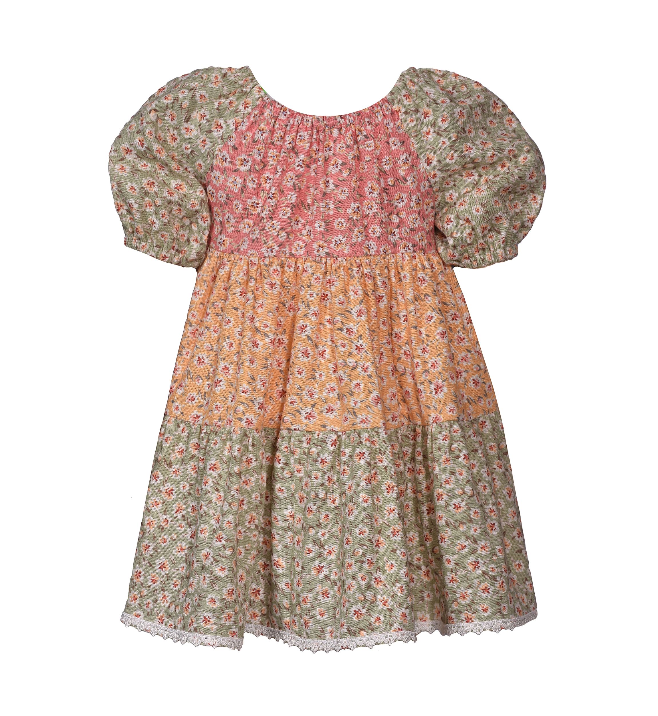 Baby Girls Puff Sleeve Tripe Tier Dress