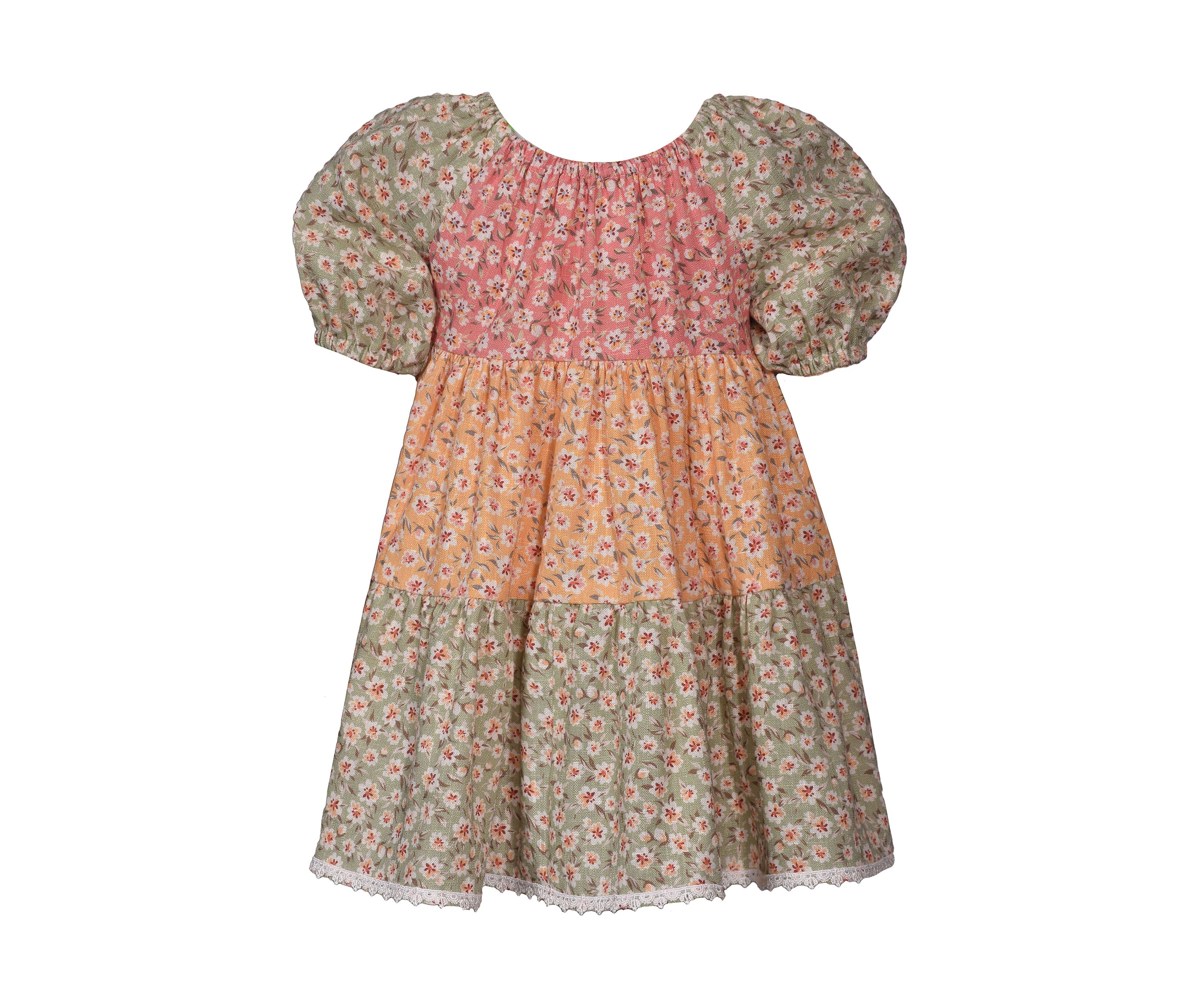 Baby Girls Puff Sleeve Tripe Tier Dress