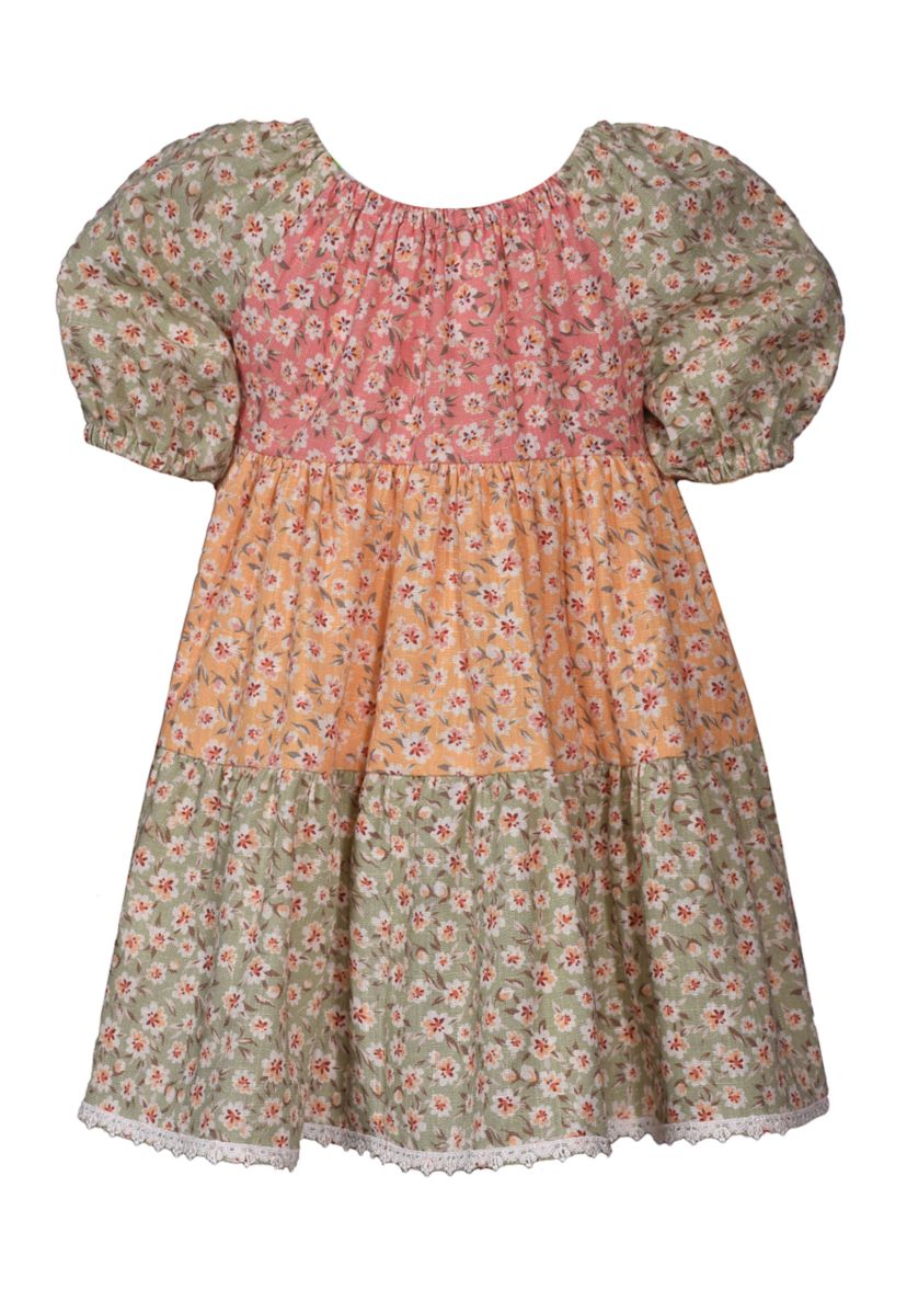Baby Girls Puff Sleeve Tripe Tier Dress