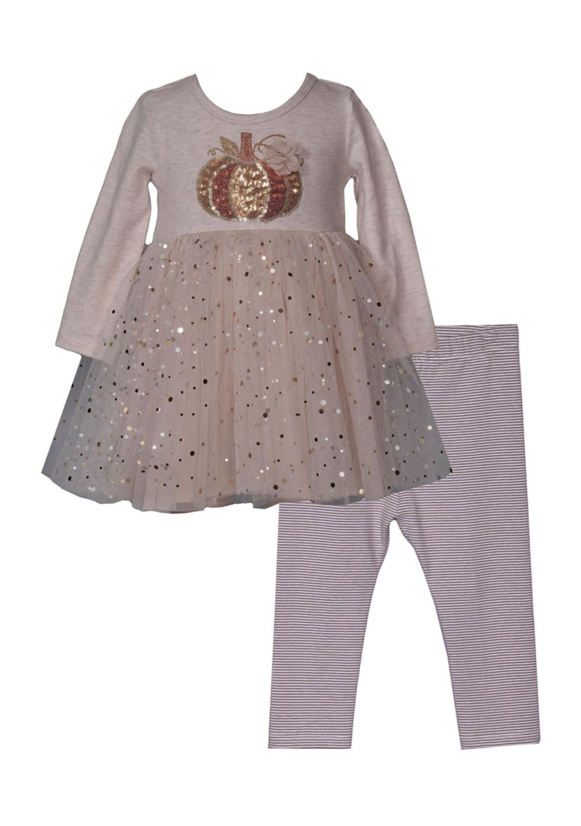 Toddler Girls Pumpkin Sequin Appliqué Top and Leggings Set