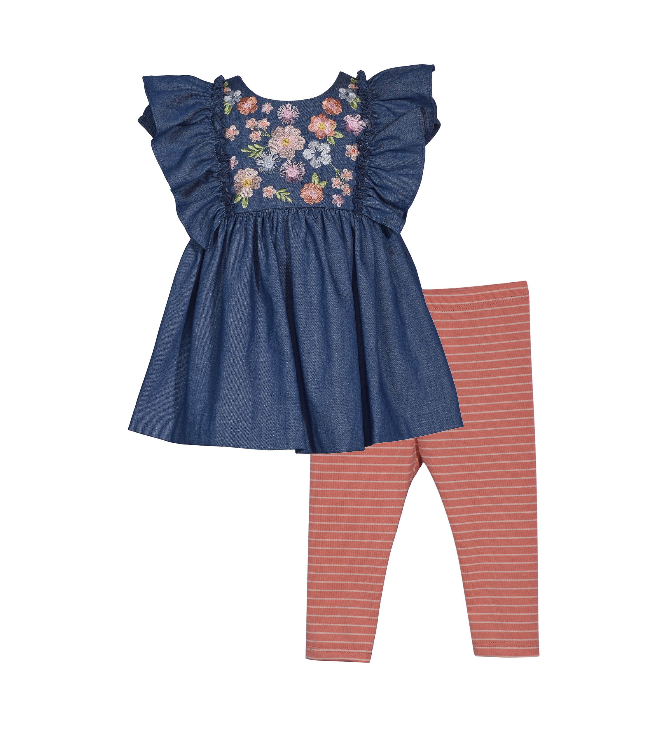 Baby Girls Flutter Sleeve Embroidered Top with Leggings