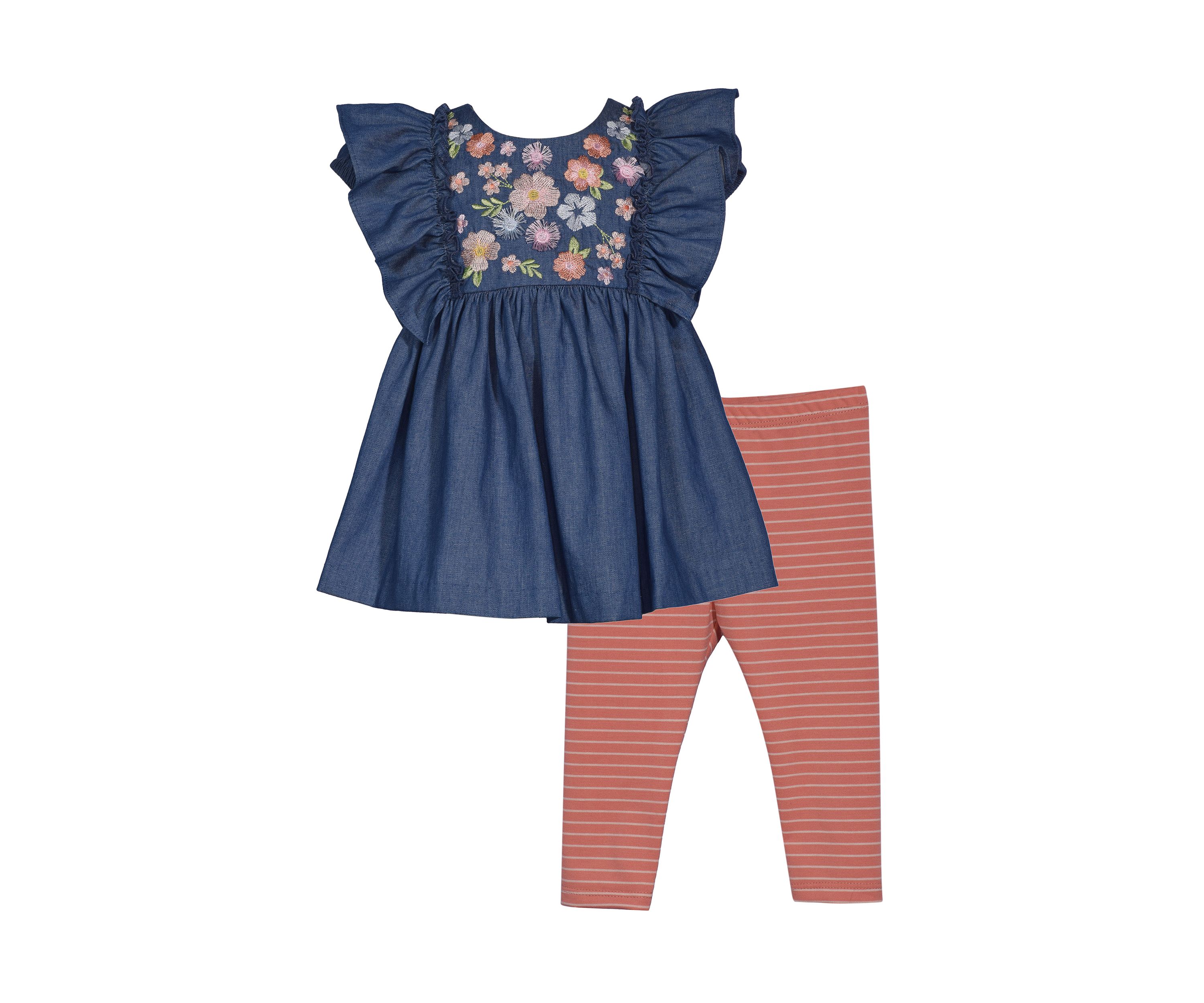 Baby Girls Flutter Sleeve Embroidered Top with Leggings