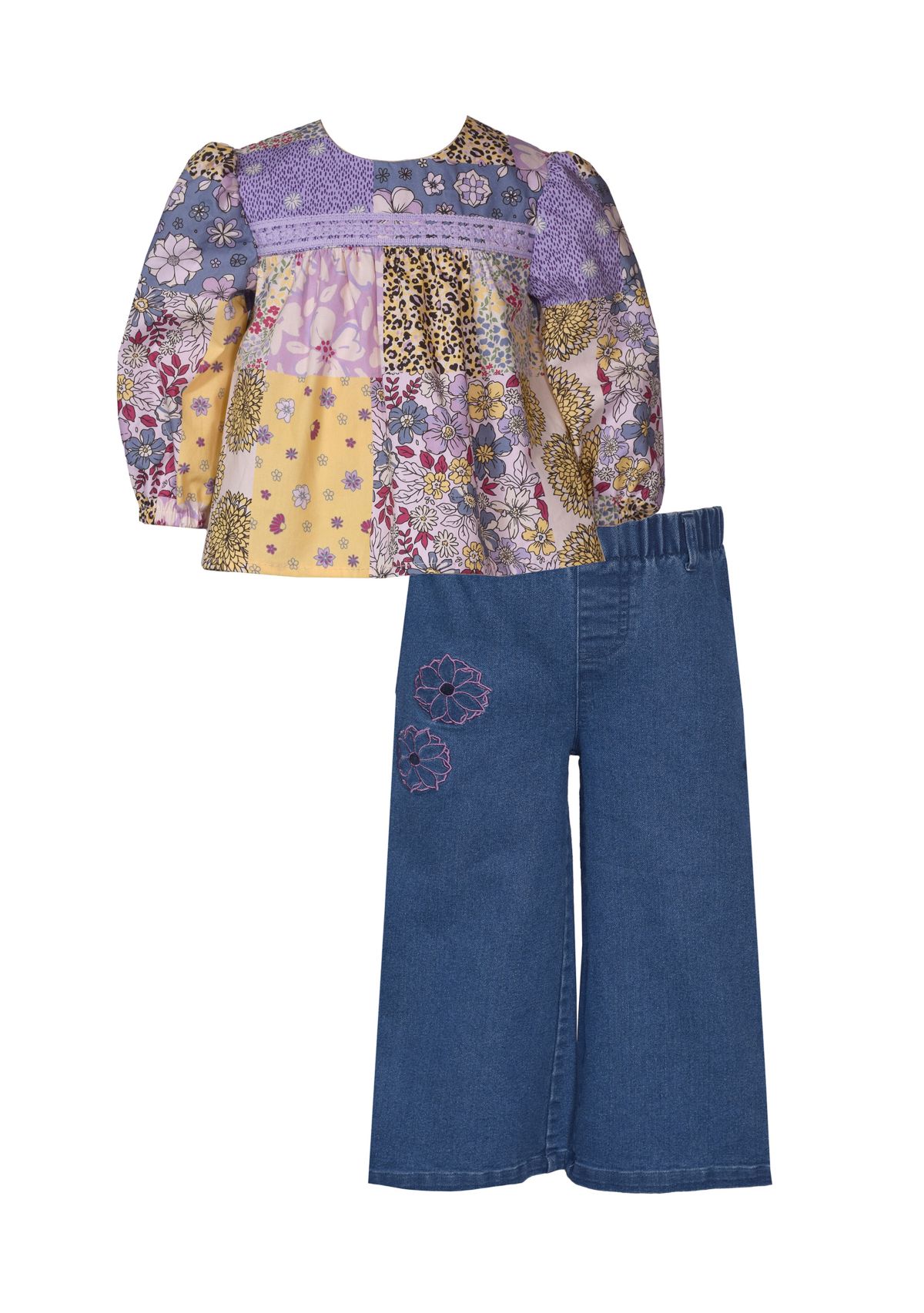 Baby Girls 3/4 Sleeve Boho Patchwork Top with Denim Pants