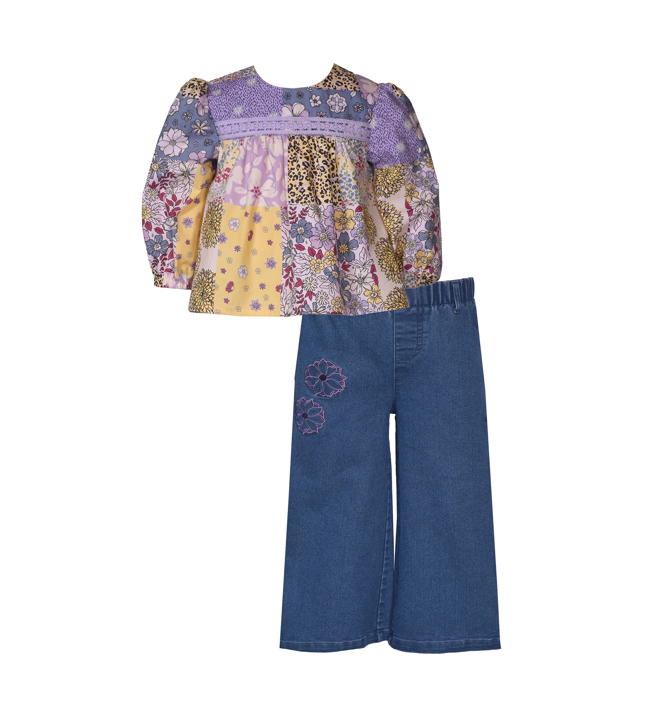 Baby Girls 3/4 Sleeve Boho Patchwork Top with Denim Pants