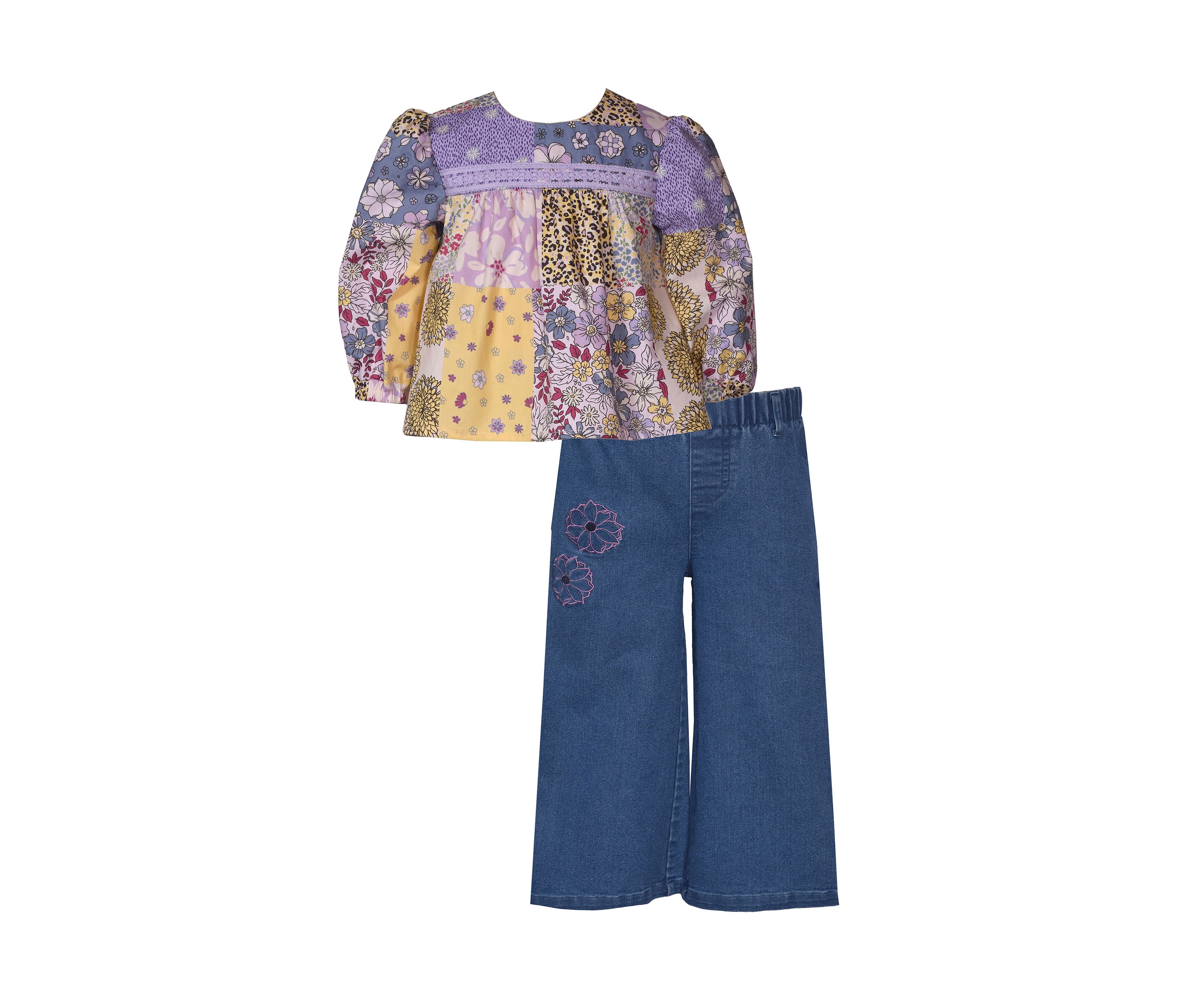 Baby Girls 3/4 Sleeve Boho Patchwork Top with Denim Pants