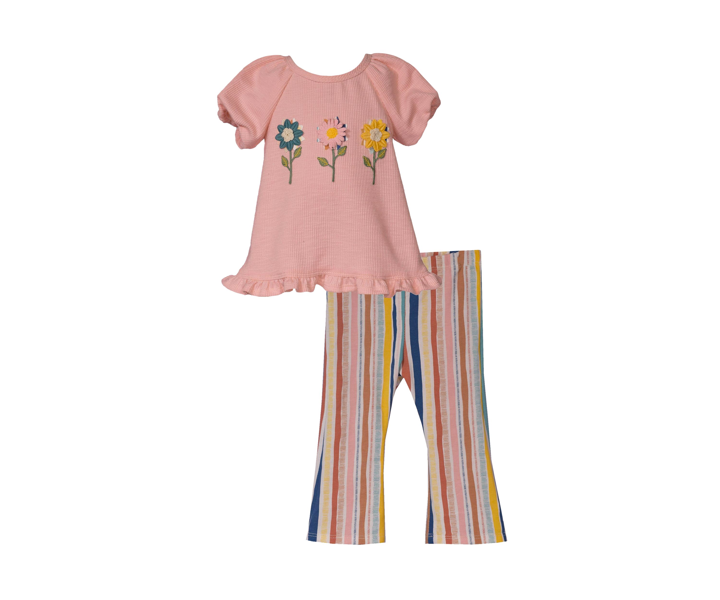 Baby Girls Floral Appliqué T-Shirt and Stripe Pants