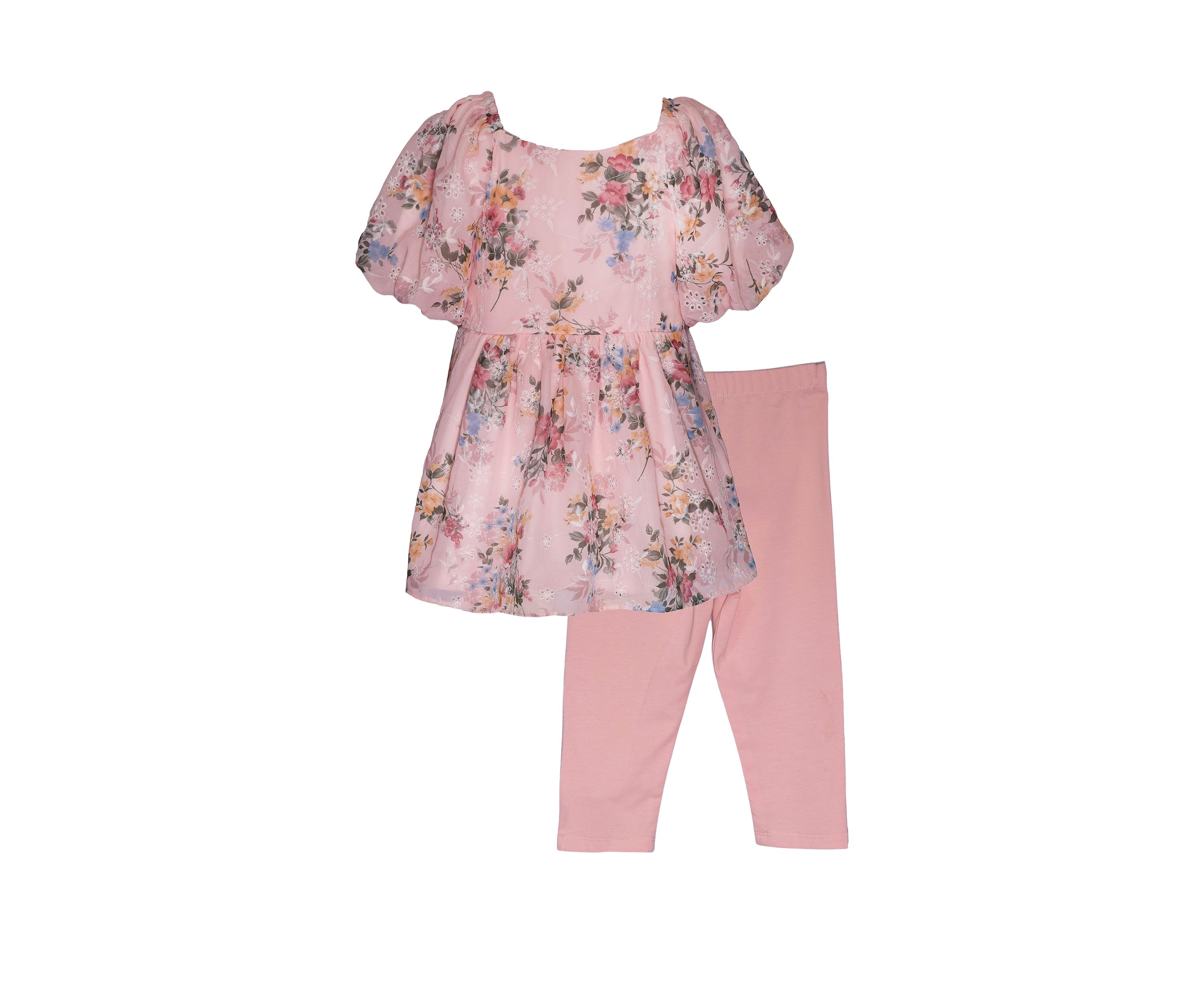 Toddler Girls Floral Printed Puff Sleeve Top and Leggings Set
