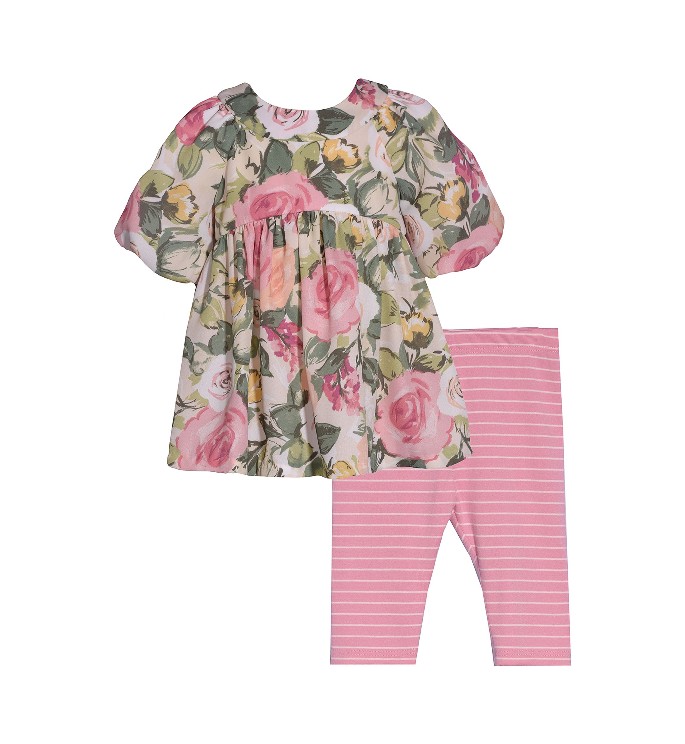 Baby Girls Puff Sleeve Floral Printed Top and Leggings Set