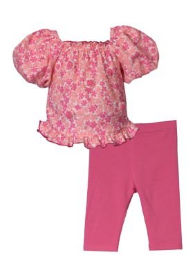 Bonnie Jean Baby Girls Puff Sleeve Floral Printed Top and Leggings Set, Pink, 12 Months