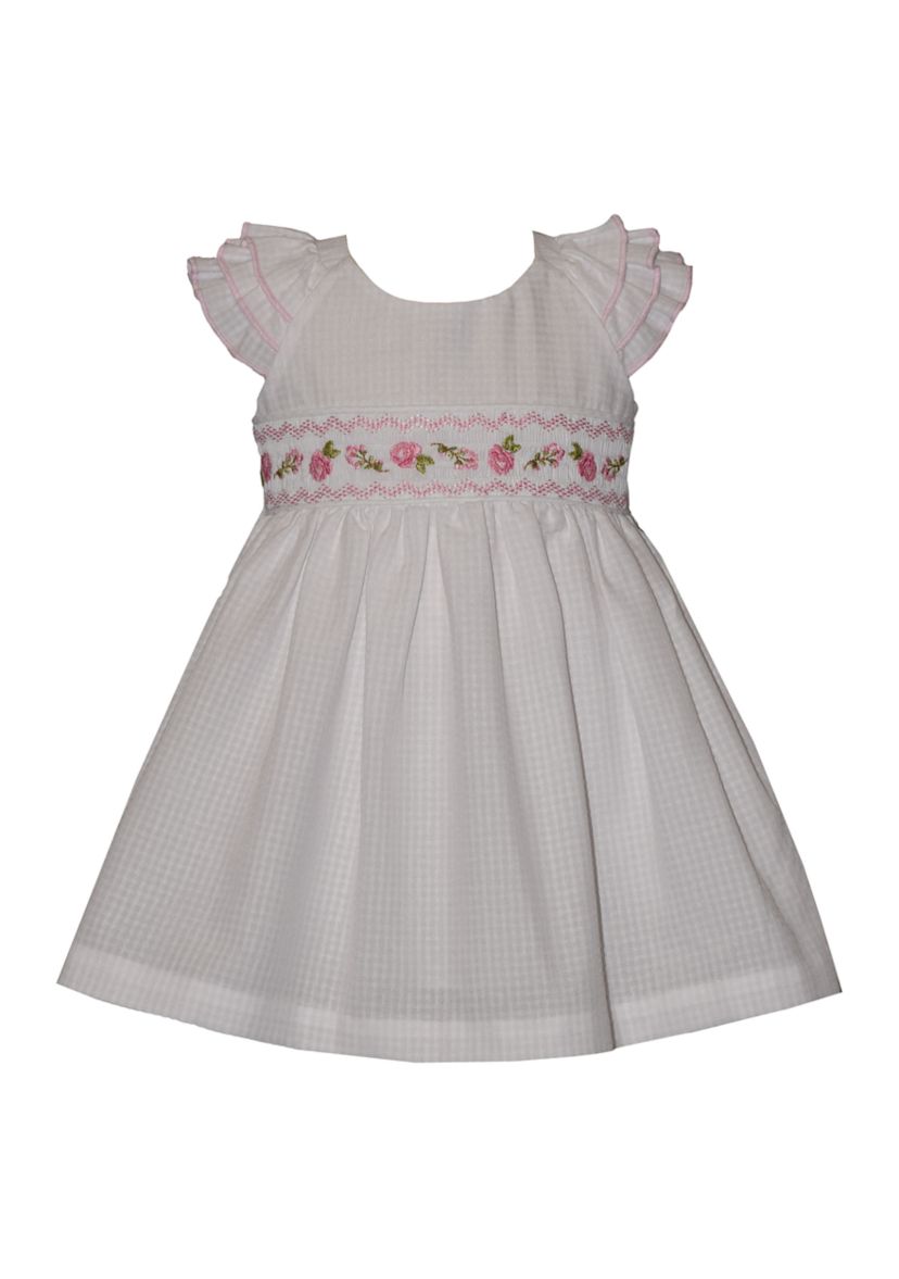 Bonnie Jean Baby Girls Rose Embroidered Smocked Dress, White, 18 Months, Cotton