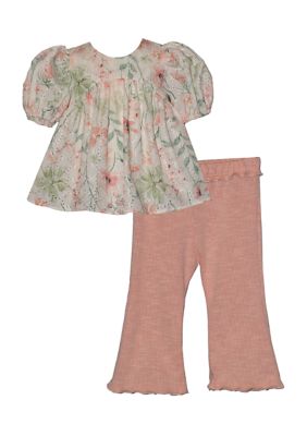 Bonnie Jean Baby Girls Eyelet Legging and Ribbed Top Set, Peach, 24 Months