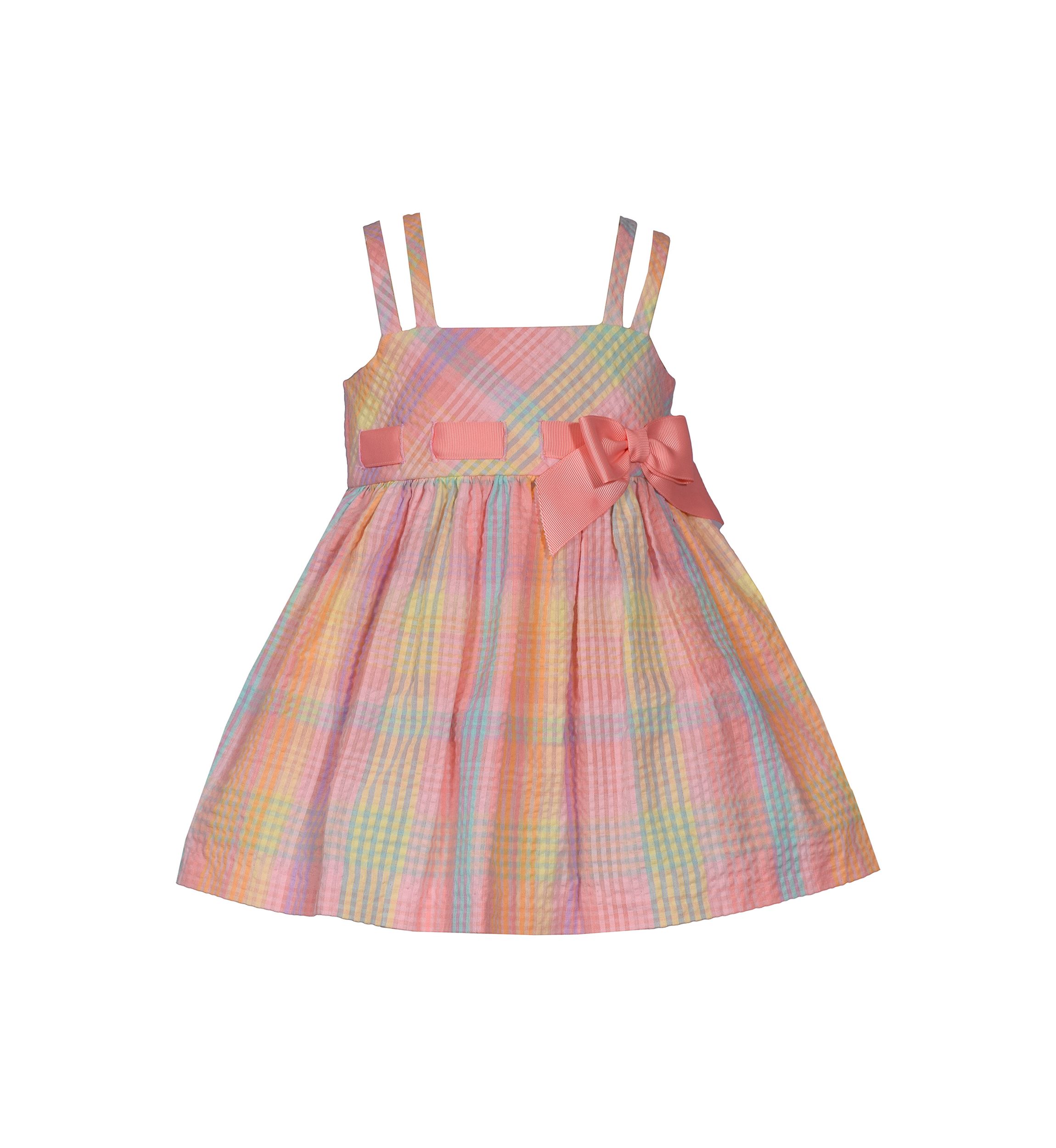 Toddler Girls Double Strap Plaid Seersucker Bow Dress