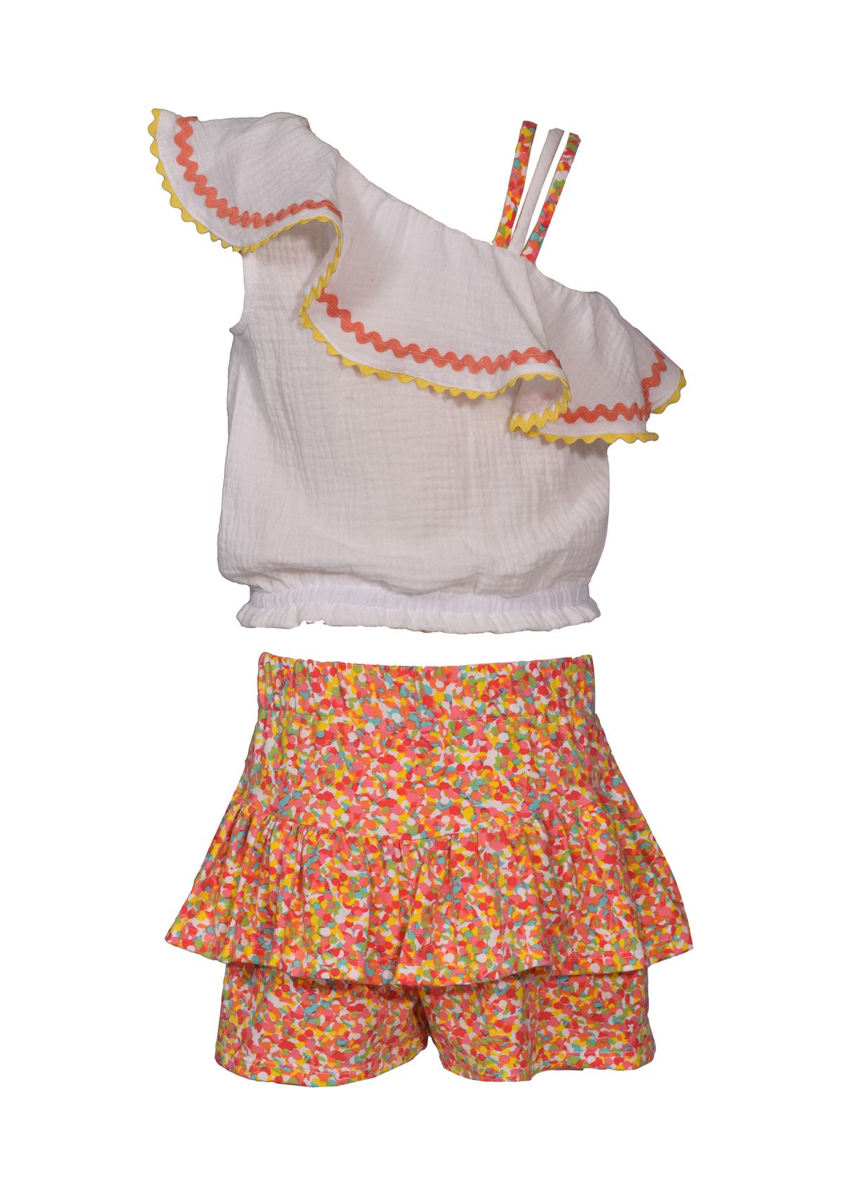 Toddler Girls Ruffle One Shoulder Top and Printed Skort Set