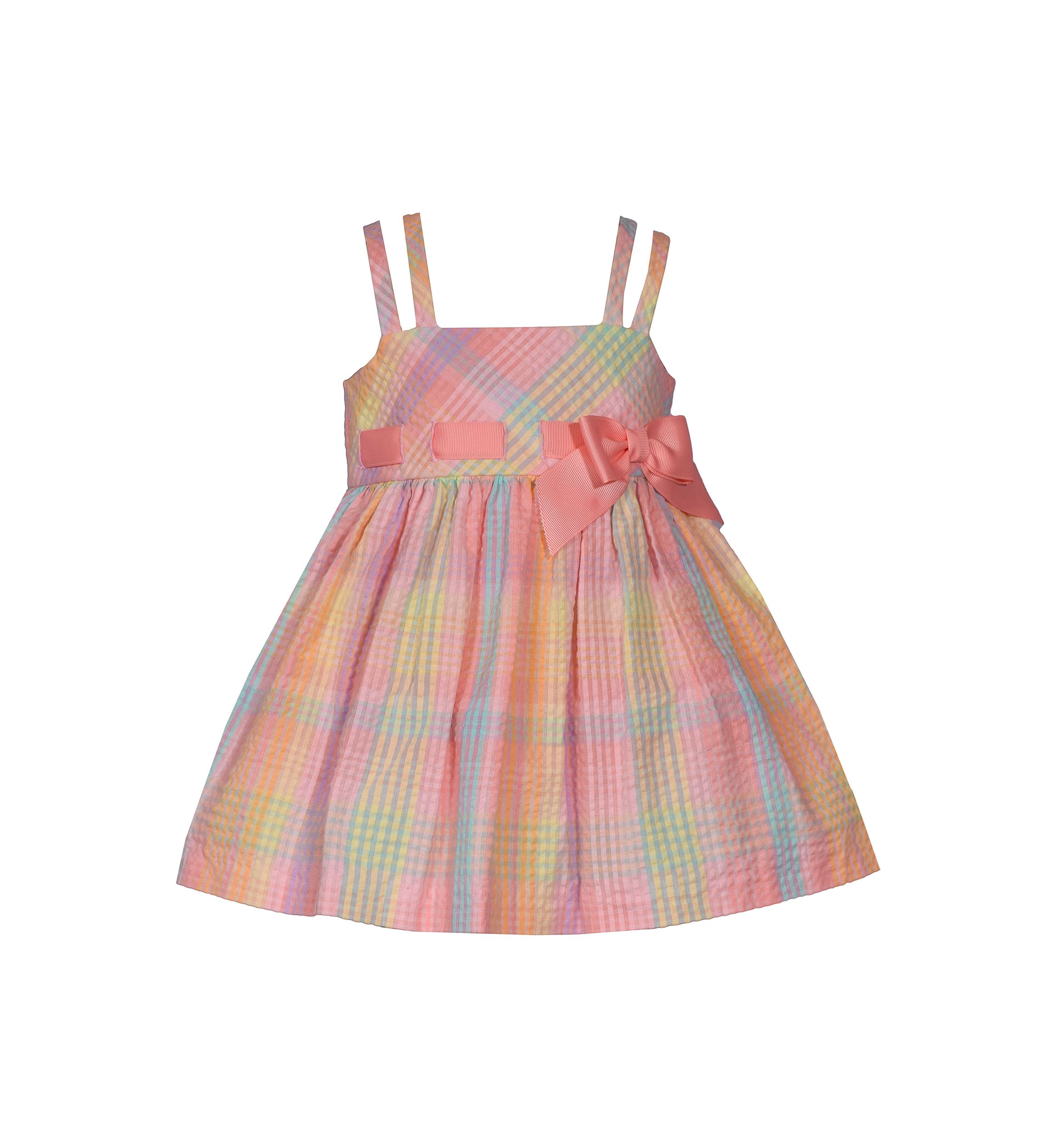 Baby Girls Double Strap Plaid Seersucker Bow Dress