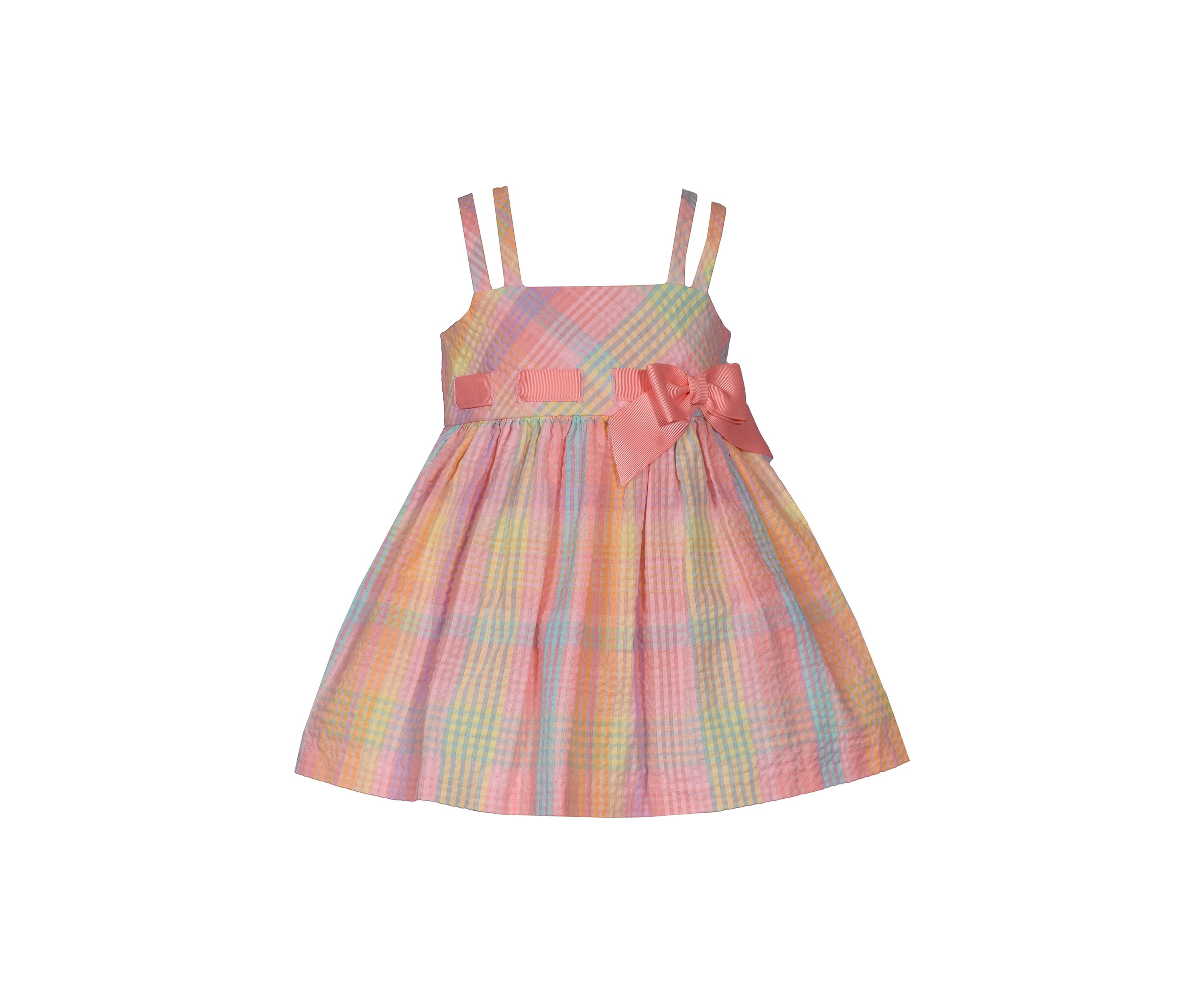 Baby Girls Double Strap Plaid Seersucker Bow Dress