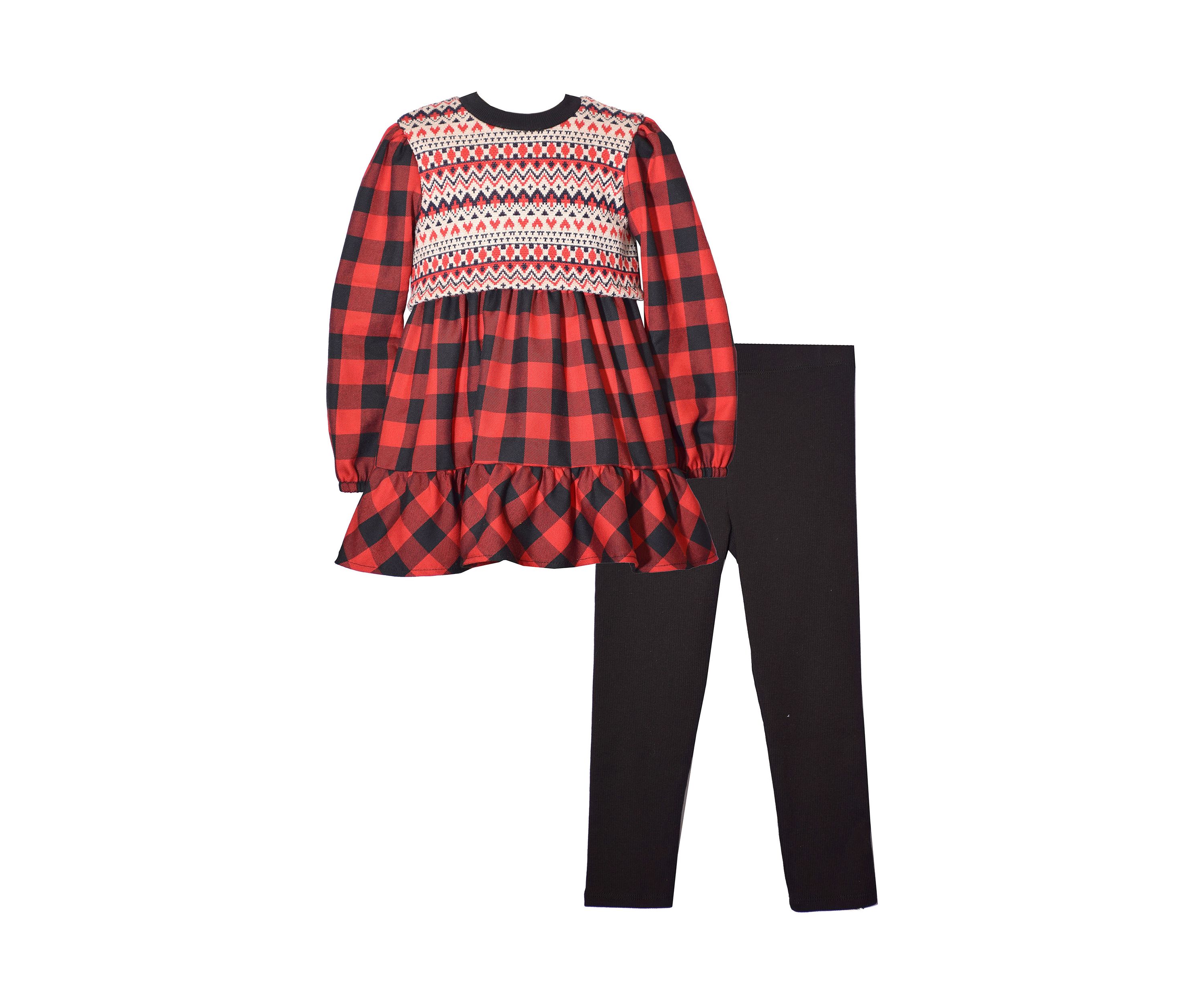 Toddler Girls Long Sleeve Buffalo Check Top and Ribbed Leggings Set