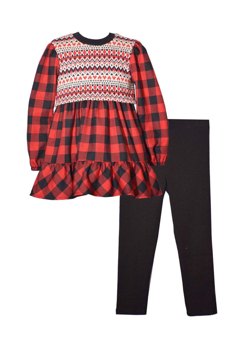 Toddler Girls Long Sleeve Buffalo Check Top and Ribbed Leggings Set