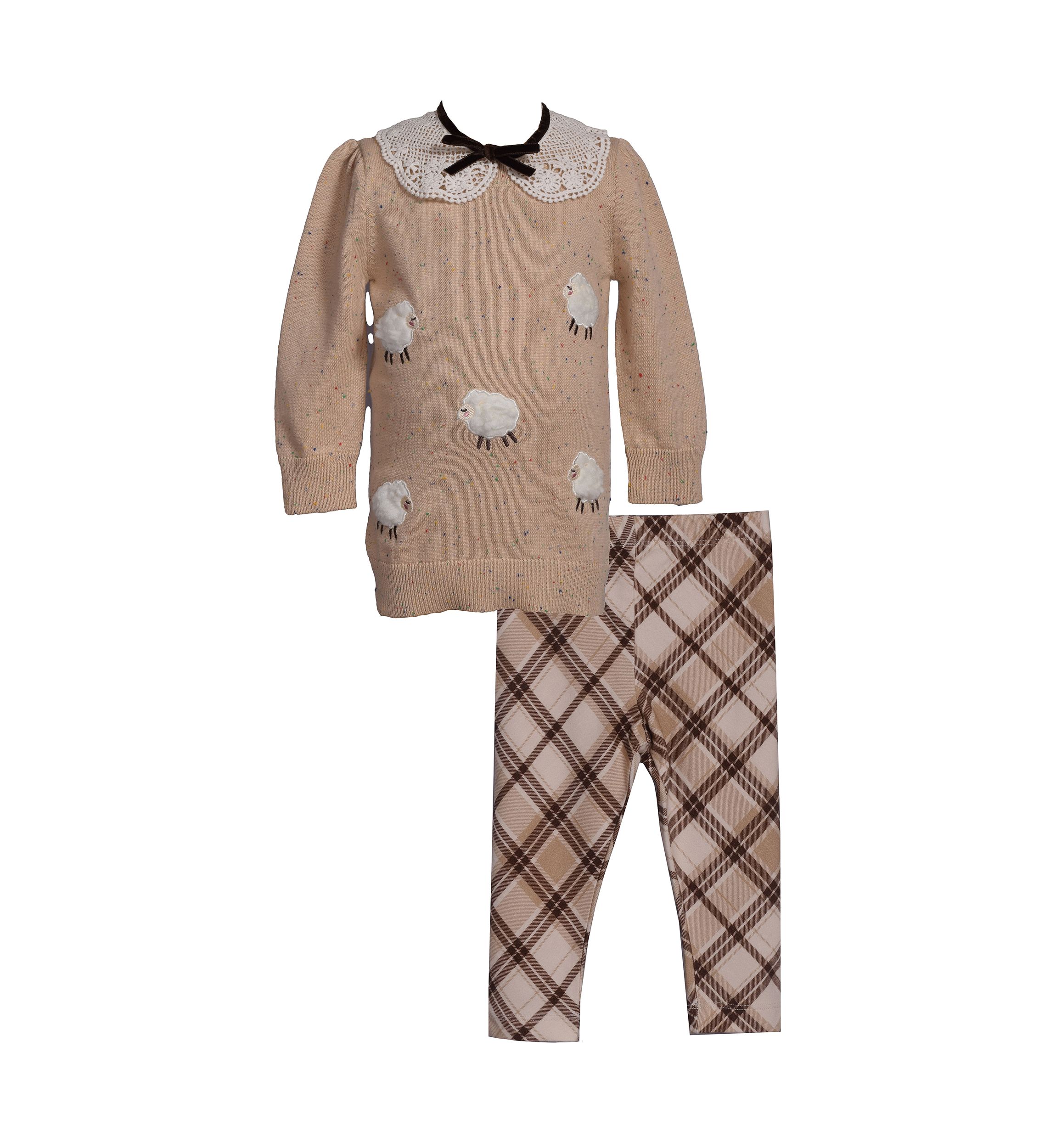 Toddler Girls Lamb Top and Plaid Legging Set 