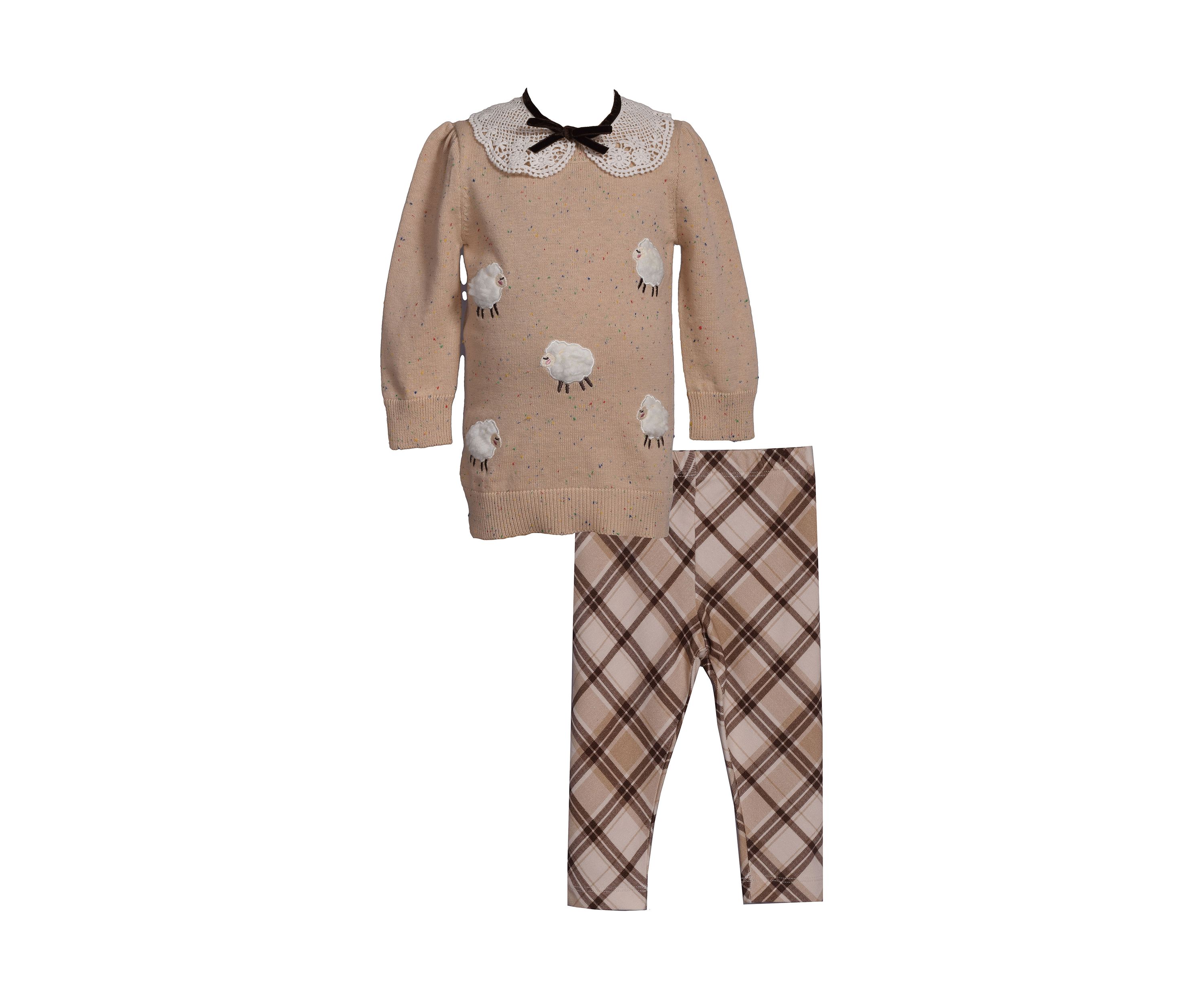 Toddler Girls Lamb Top and Plaid Legging Set 