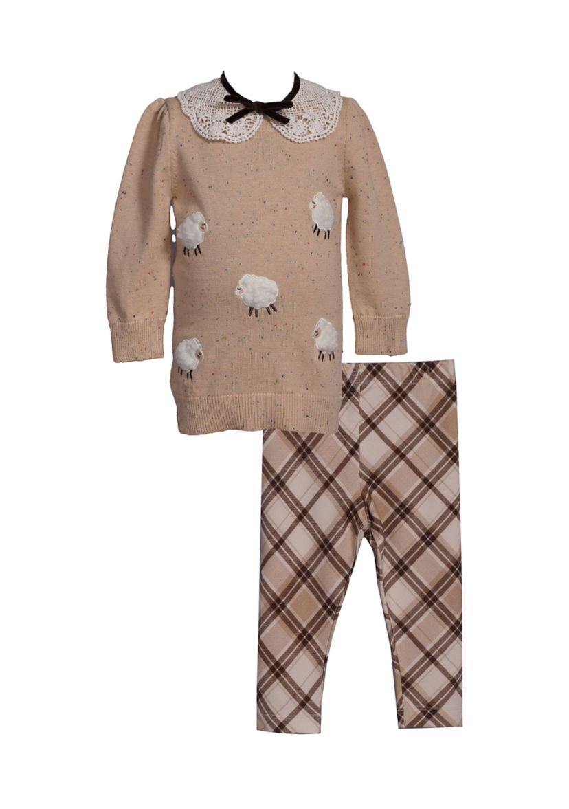 Toddler Girls Lamb Top and Plaid Legging Set 