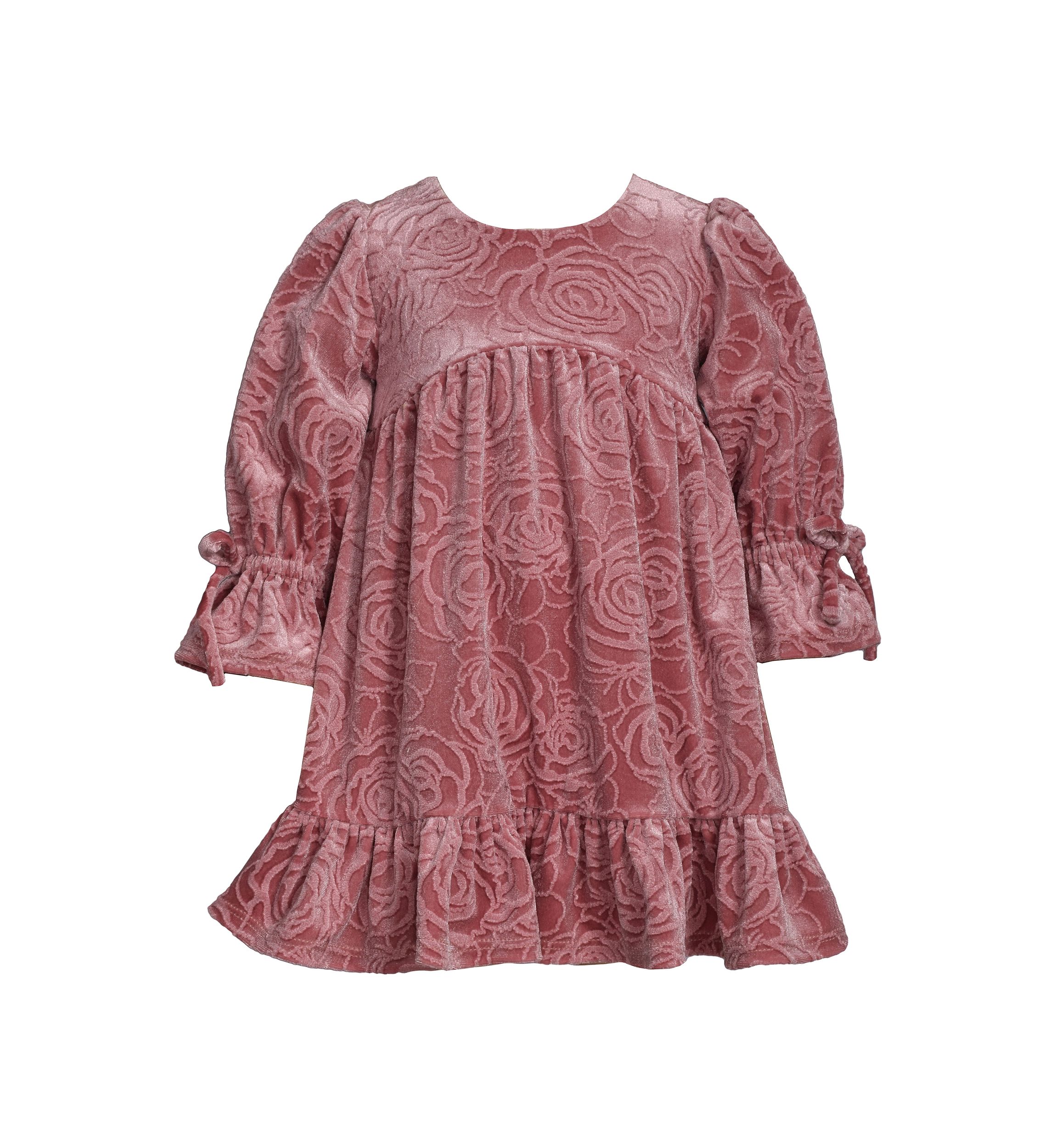 Toddler Girls Long Tied Bell Sleeve Embossed Velvet Dress 