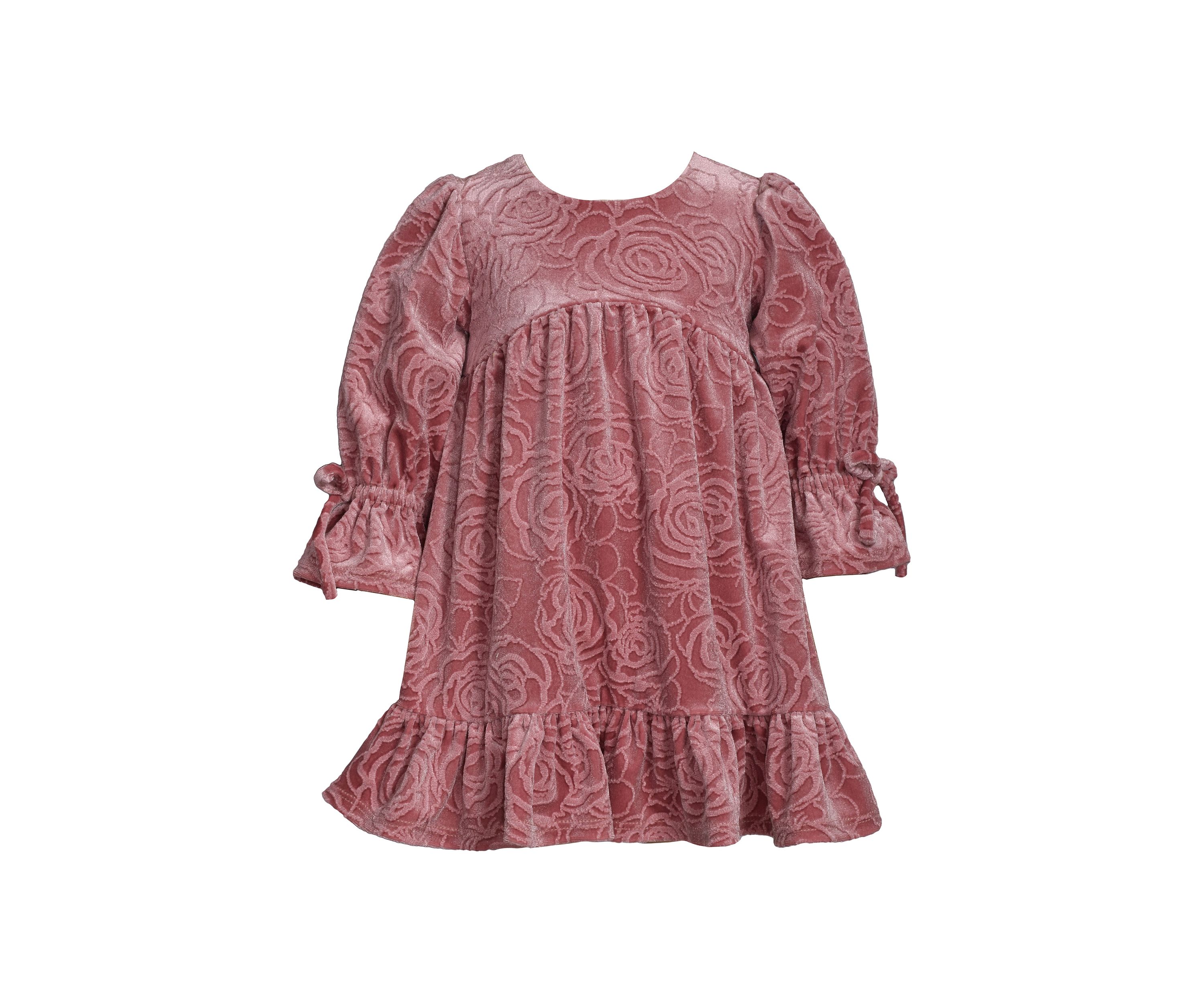 Toddler Girls Long Tied Bell Sleeve Embossed Velvet Dress 