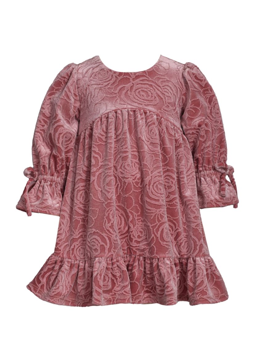 Toddler Girls Long Tied Bell Sleeve Embossed Velvet Dress 