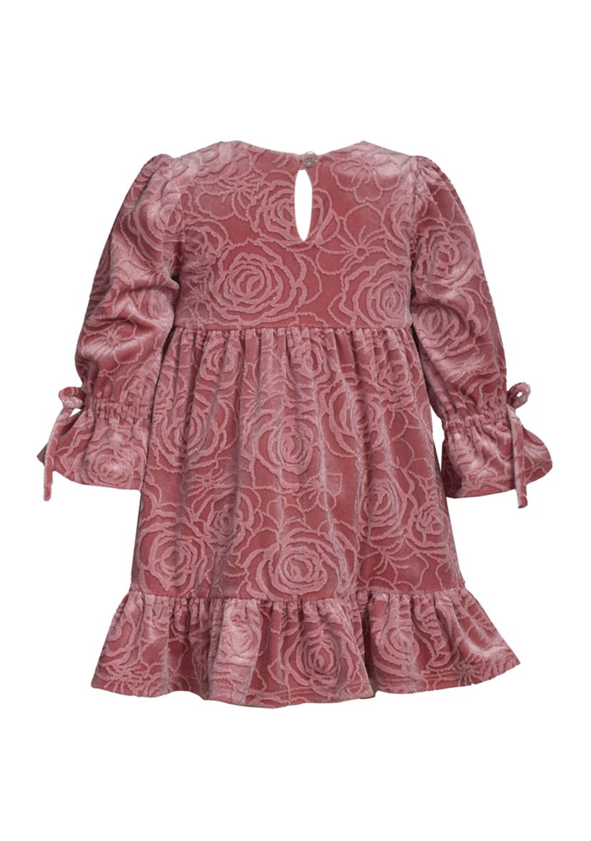 Toddler Girls Long Tied Bell Sleeve Embossed Velvet Dress 