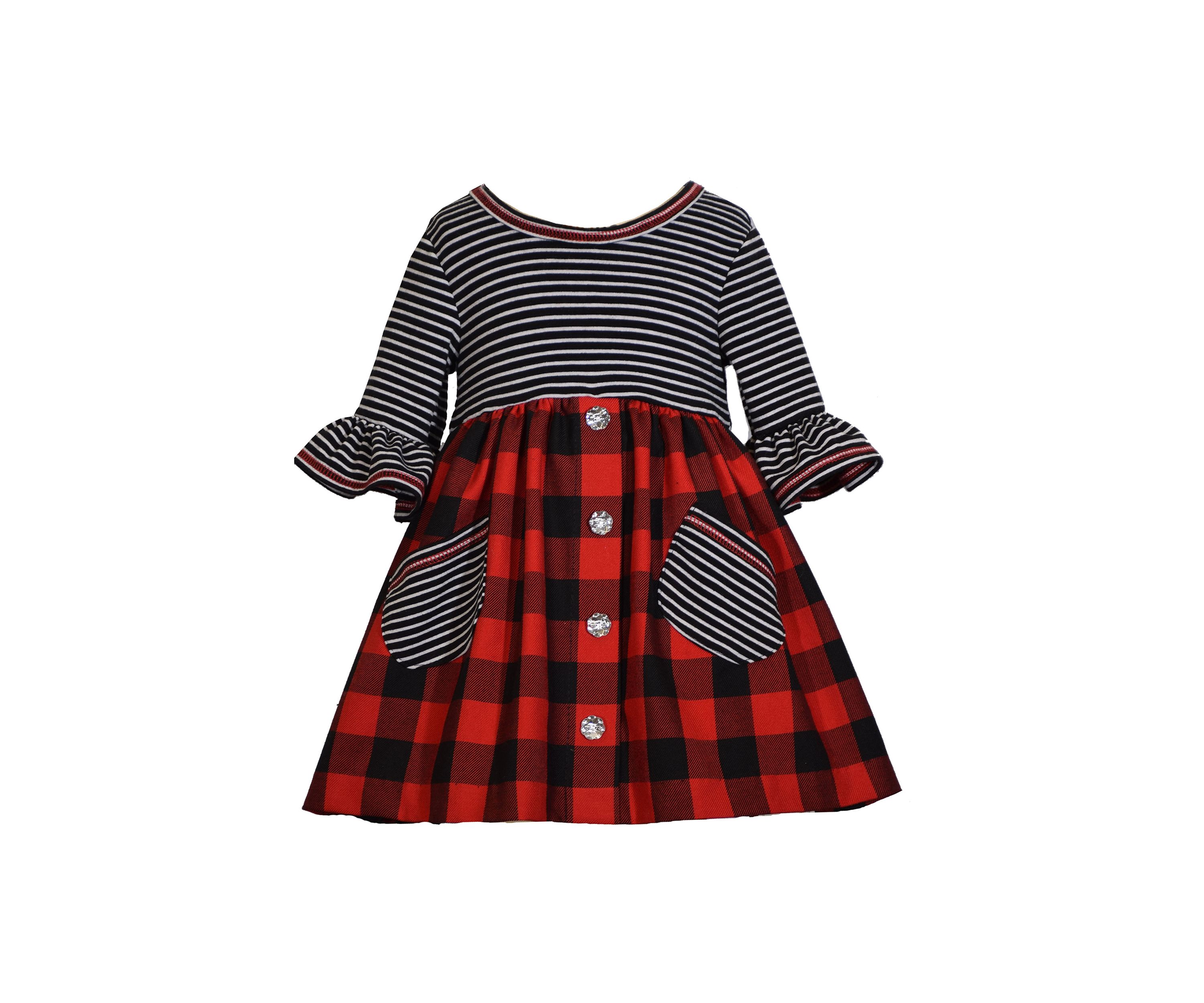 Baby Girls 3/4 Sleeve Knit Plaid Babydoll Dress