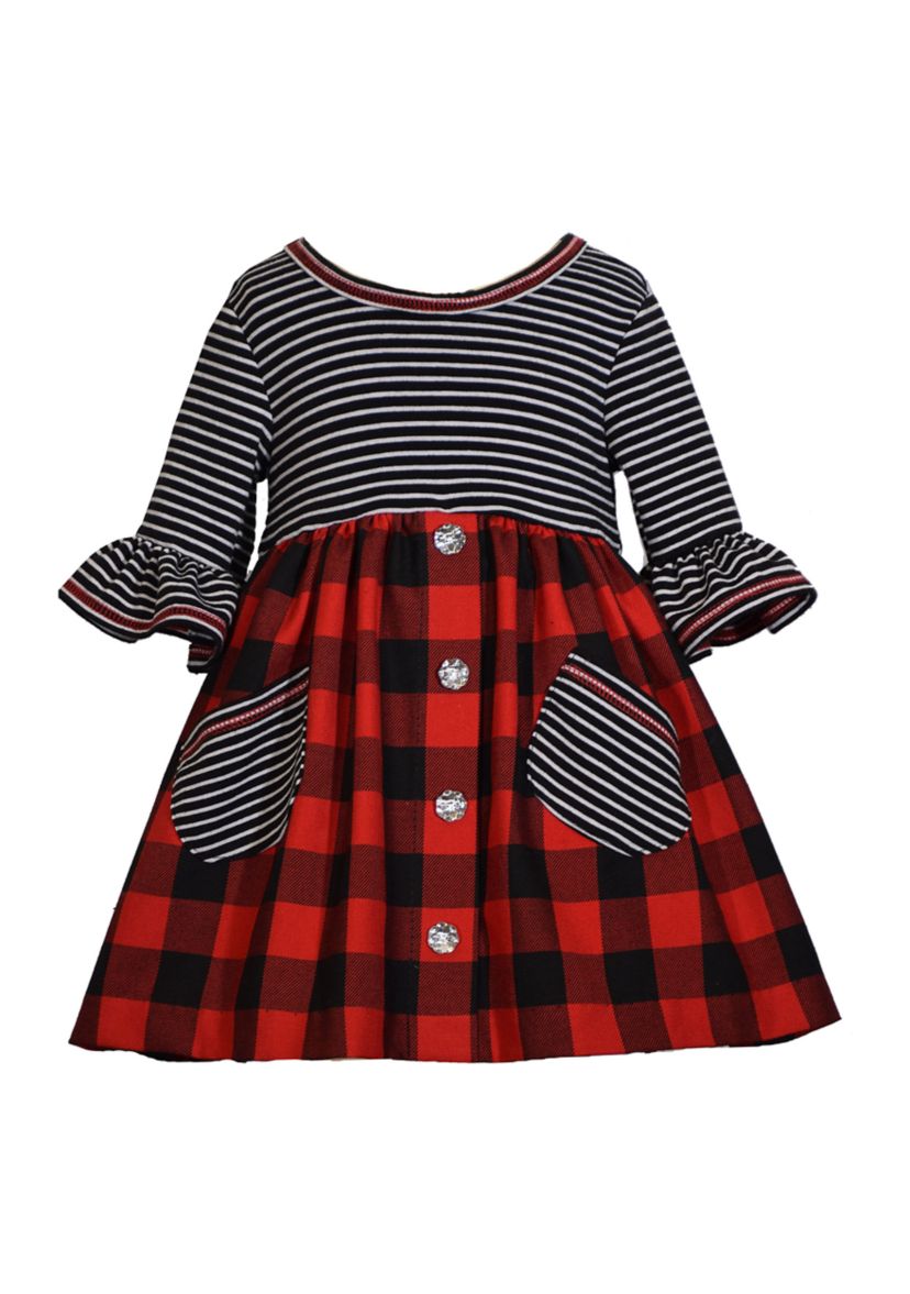 Baby Girls 3/4 Sleeve Knit Plaid Babydoll Dress