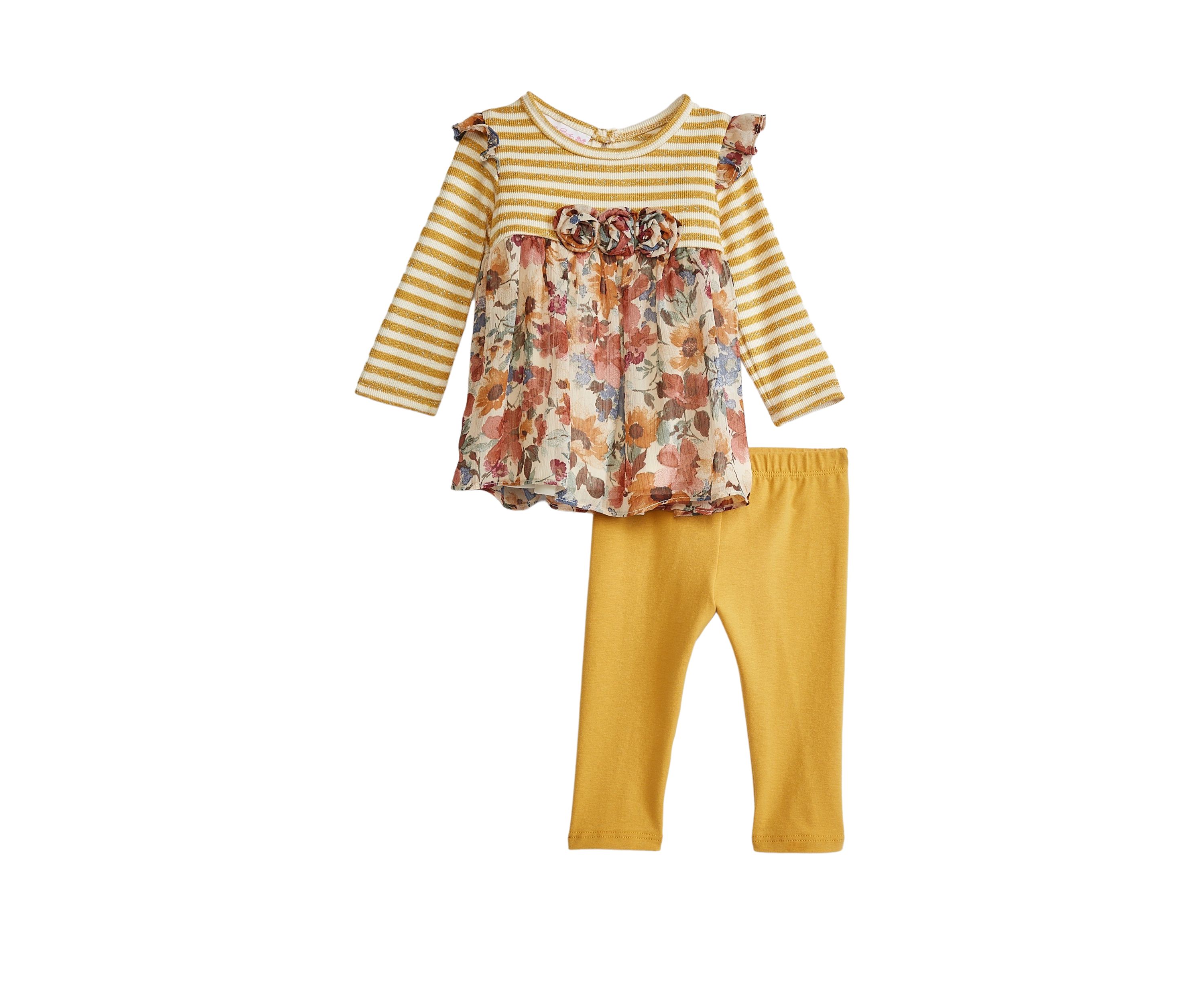 Baby Girls Striped Floral Printed Top and Leggings Set