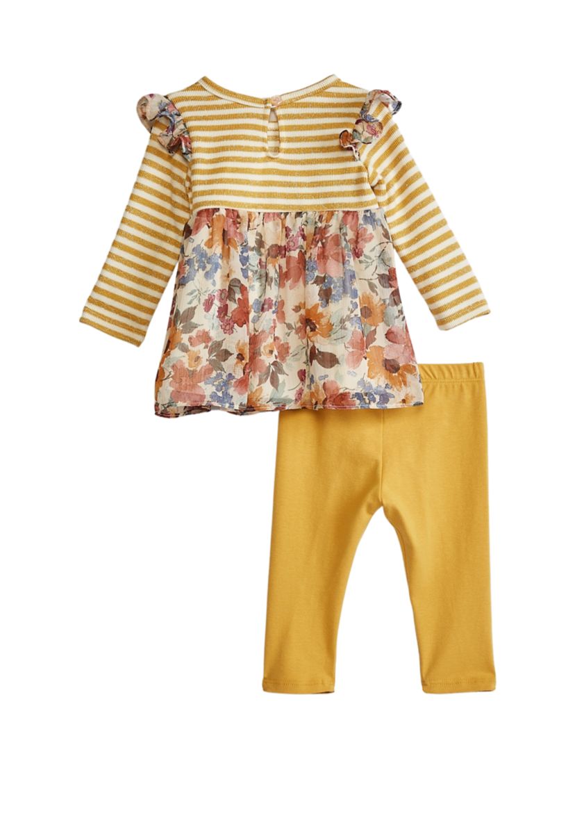 Baby Girls Striped Floral Printed Top and Leggings Set
