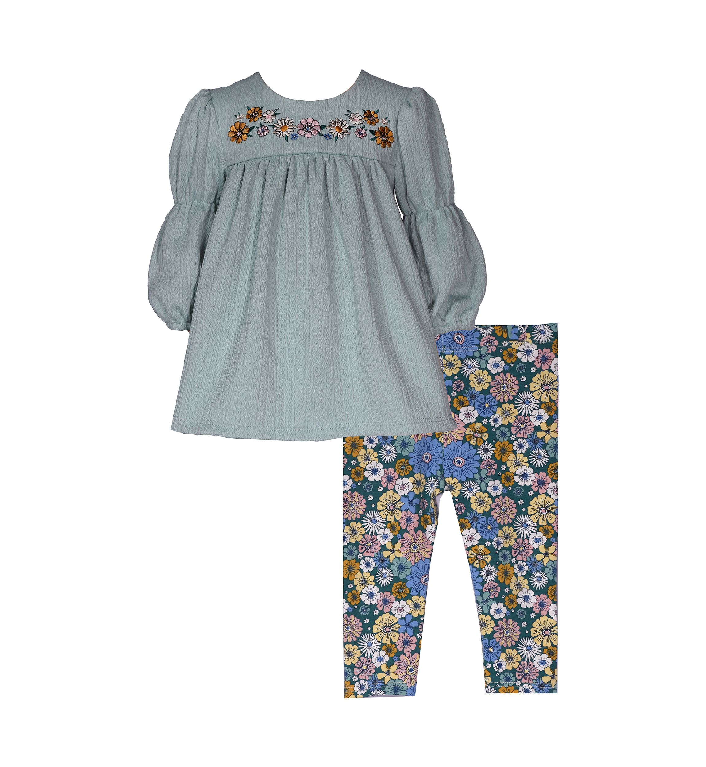 Baby Girls Floral Embroidered Top and Printed Leggings Set