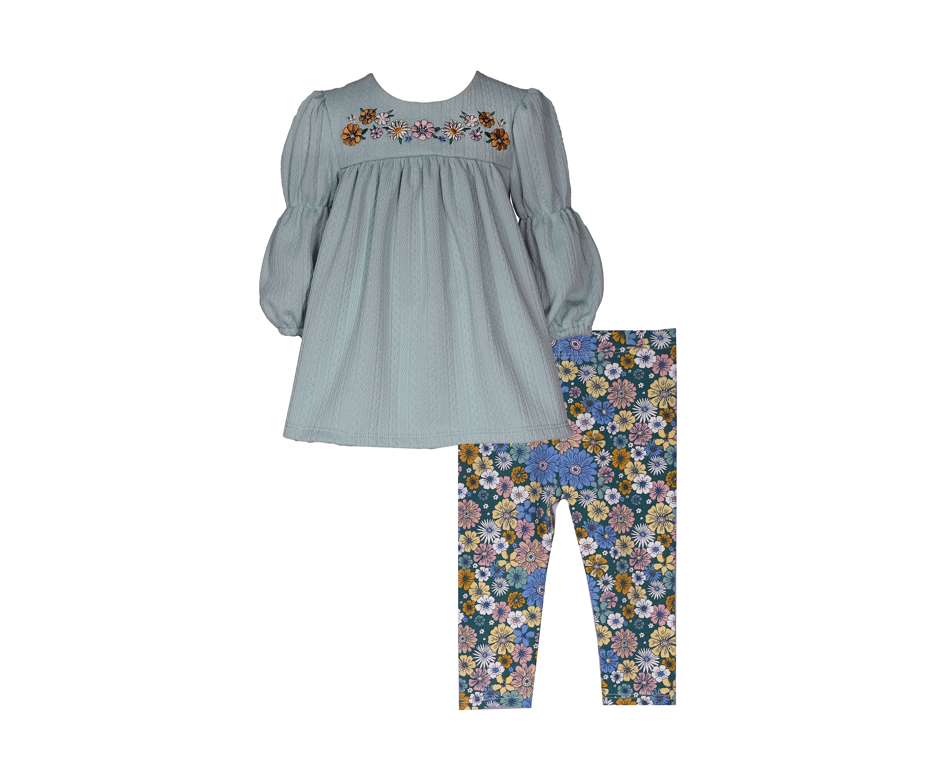 Baby Girls Floral Embroidered Top and Printed Leggings Set