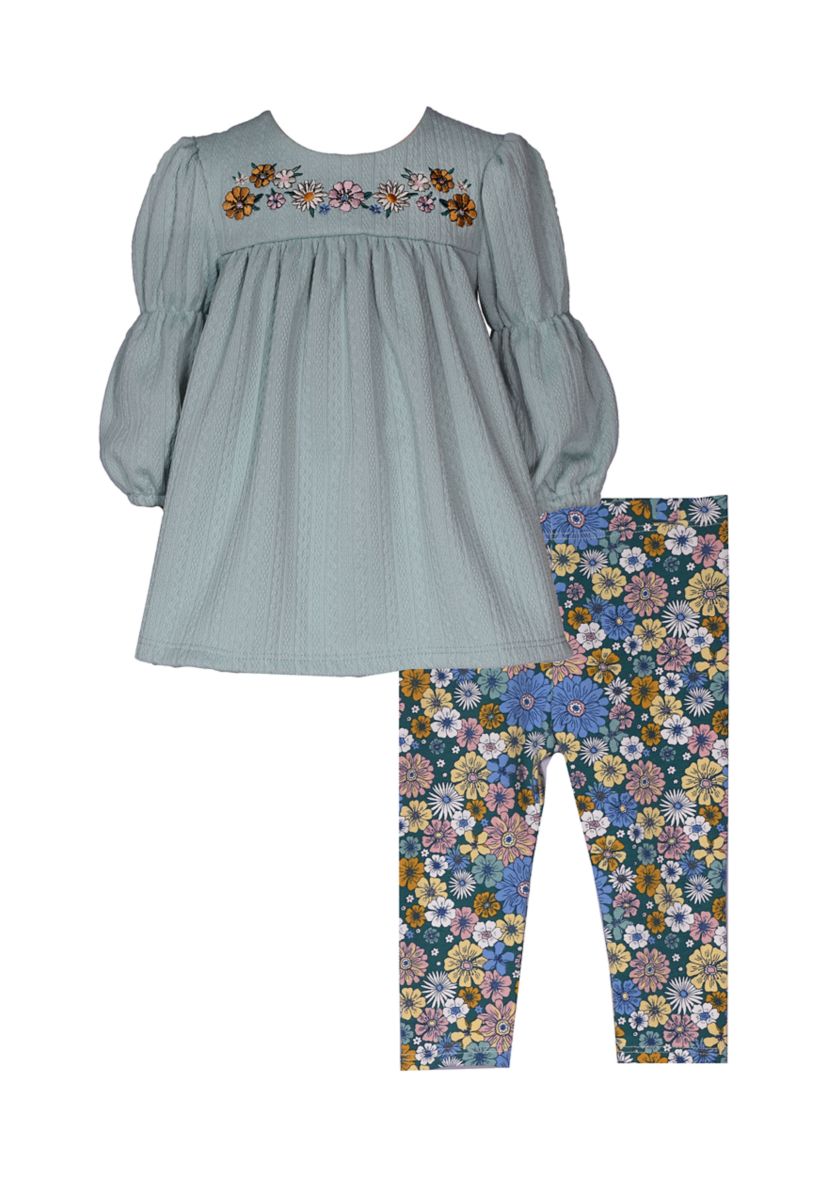 Baby Girls Floral Embroidered Top and Printed Leggings Set