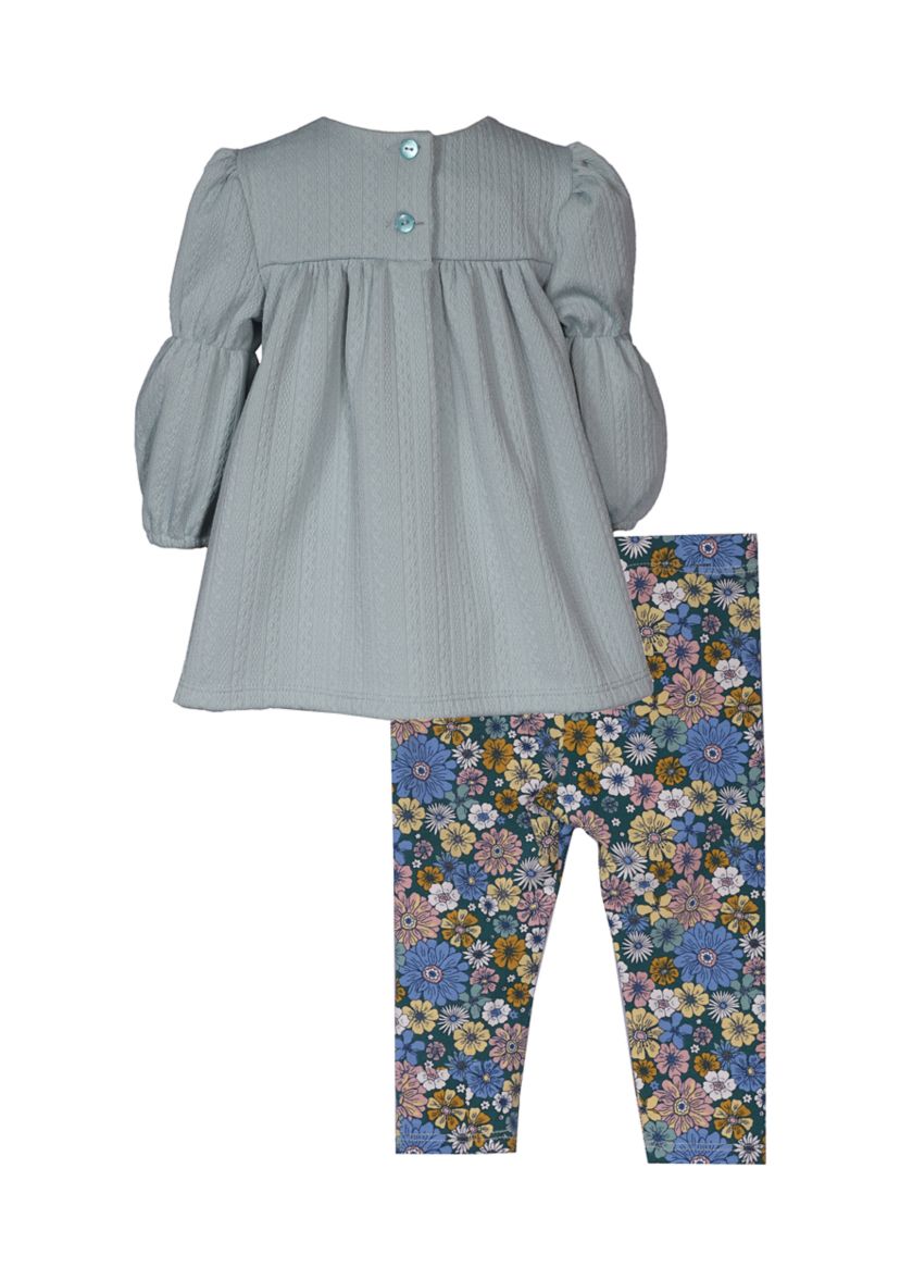 Baby Girls Floral Embroidered Top and Printed Leggings Set