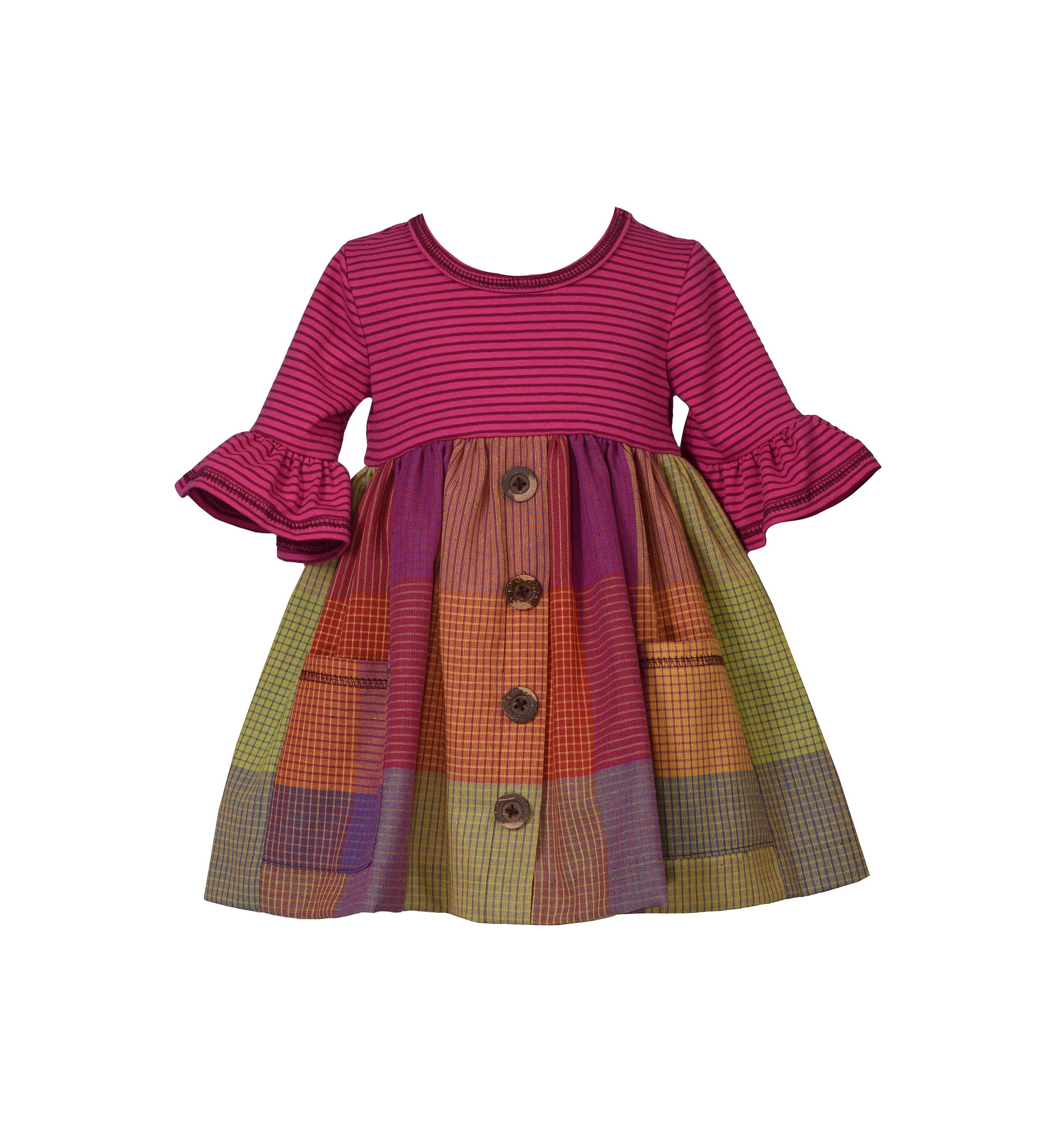 Baby Girls Plaid Multi Printed Bell Sleeve Dress
