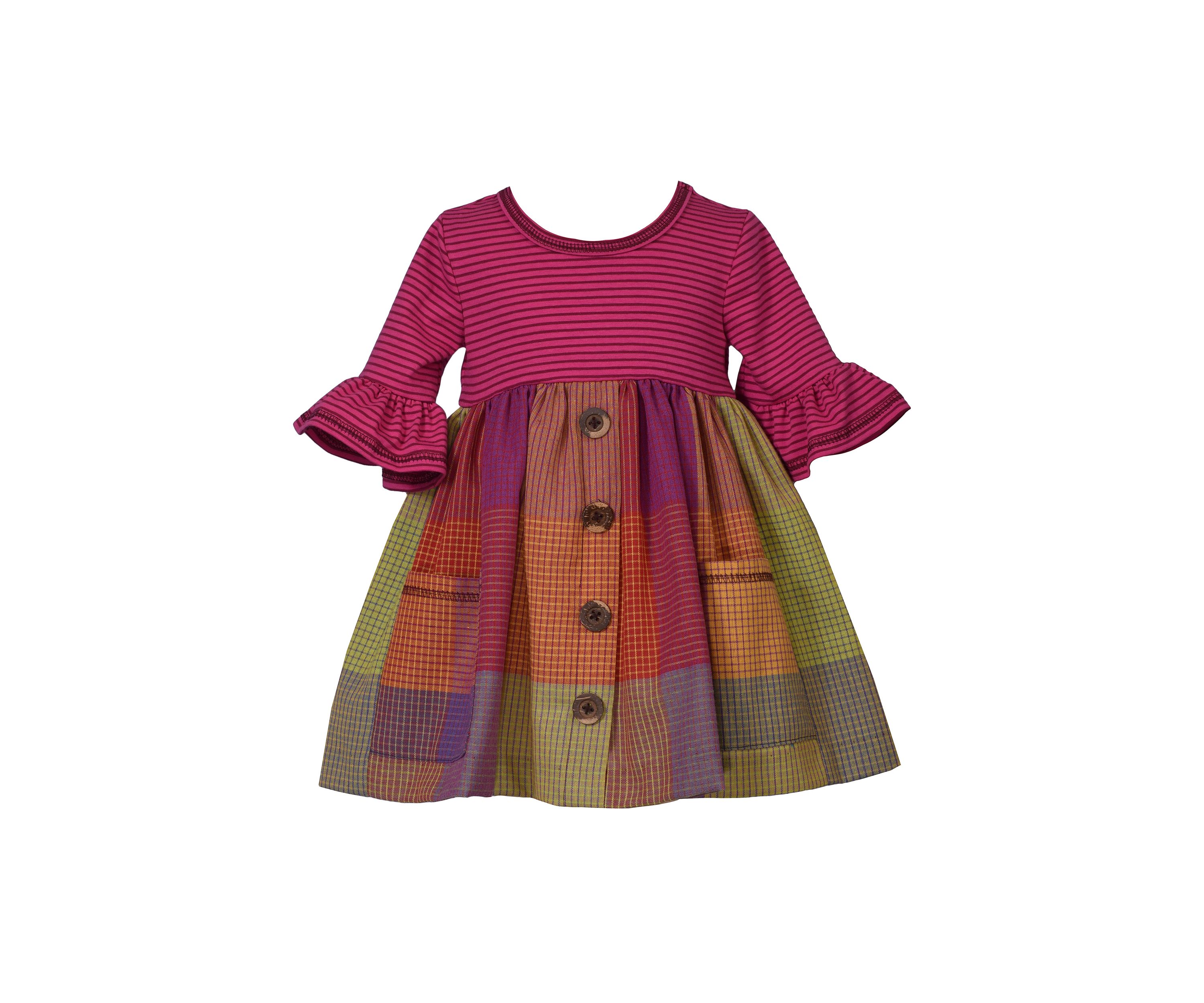 Baby Girls Plaid Multi Printed Bell Sleeve Dress