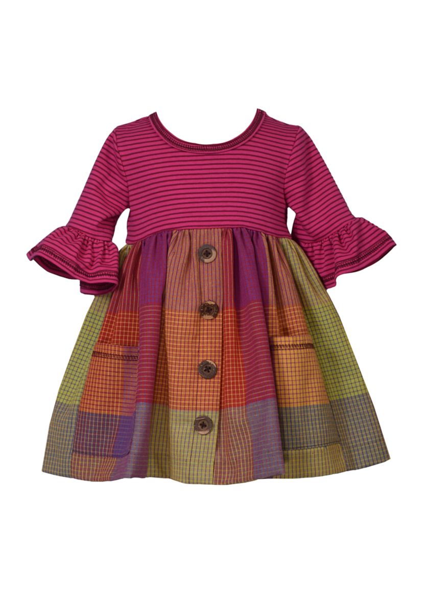 Baby Girls Plaid Multi Printed Bell Sleeve Dress