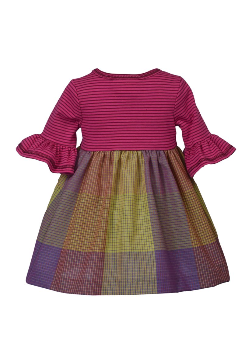 Baby Girls Plaid Multi Printed Bell Sleeve Dress