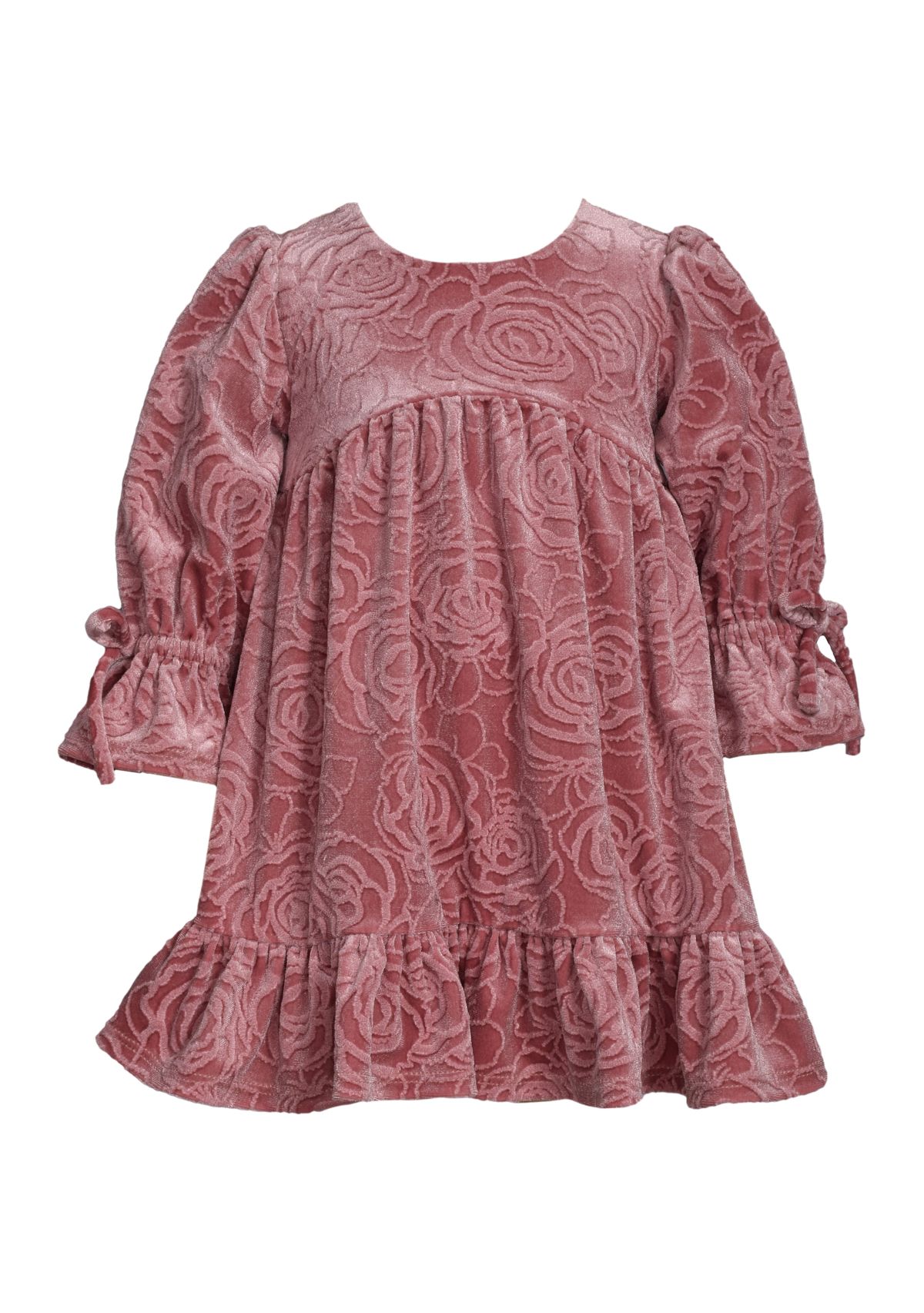 Baby Girls Long Tied Bell Sleeve Embossed Velvet Dress